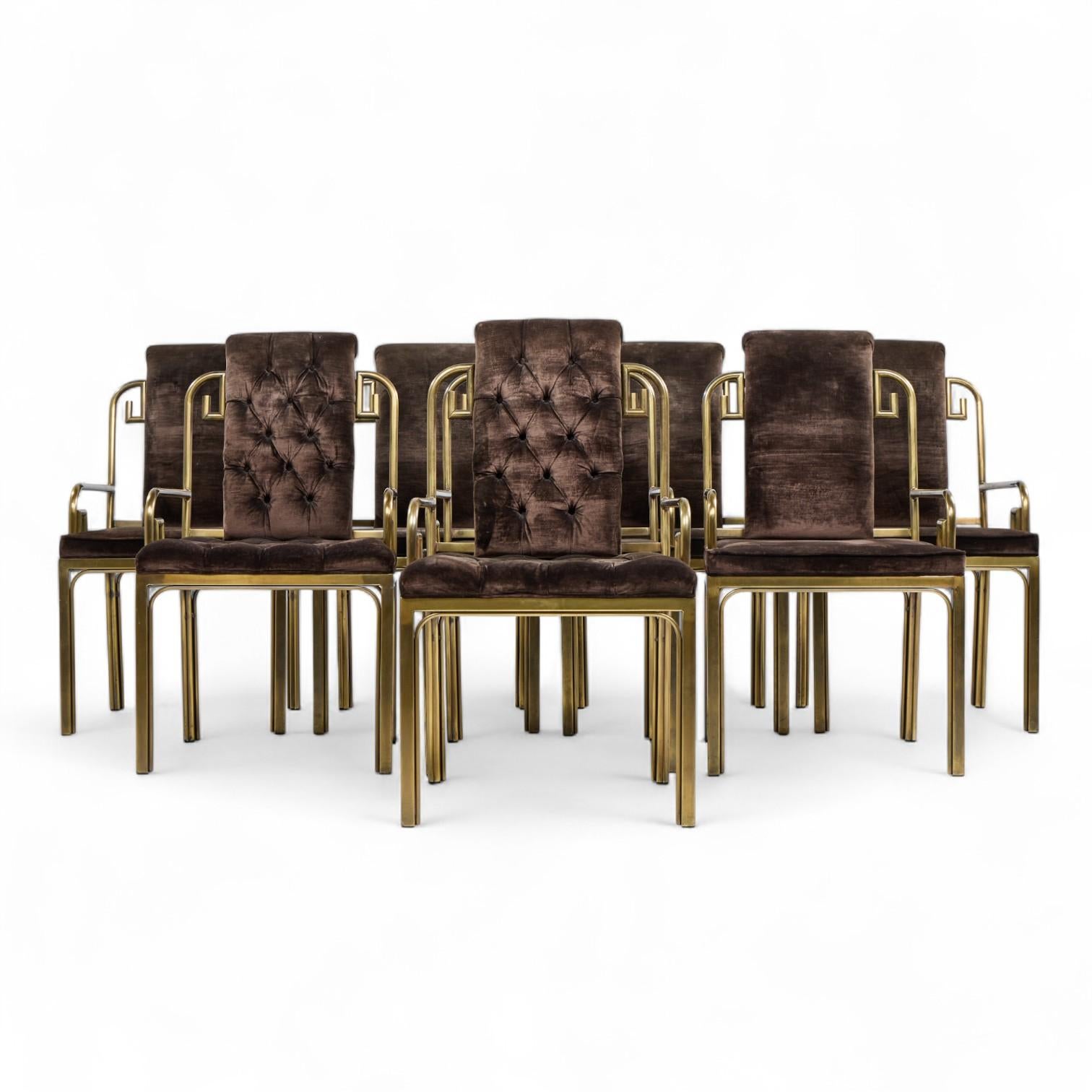 Mastercraft Sillas de comedor Greek Key de latón de mediados de siglo - Juego de 8

Cada silla lateral y de capitán mide 21,5 de ancho x 21 de fondo x 37,5 de alto, con una altura del asiento de 19 pulgadas, la altura de los brazos/holgura de la