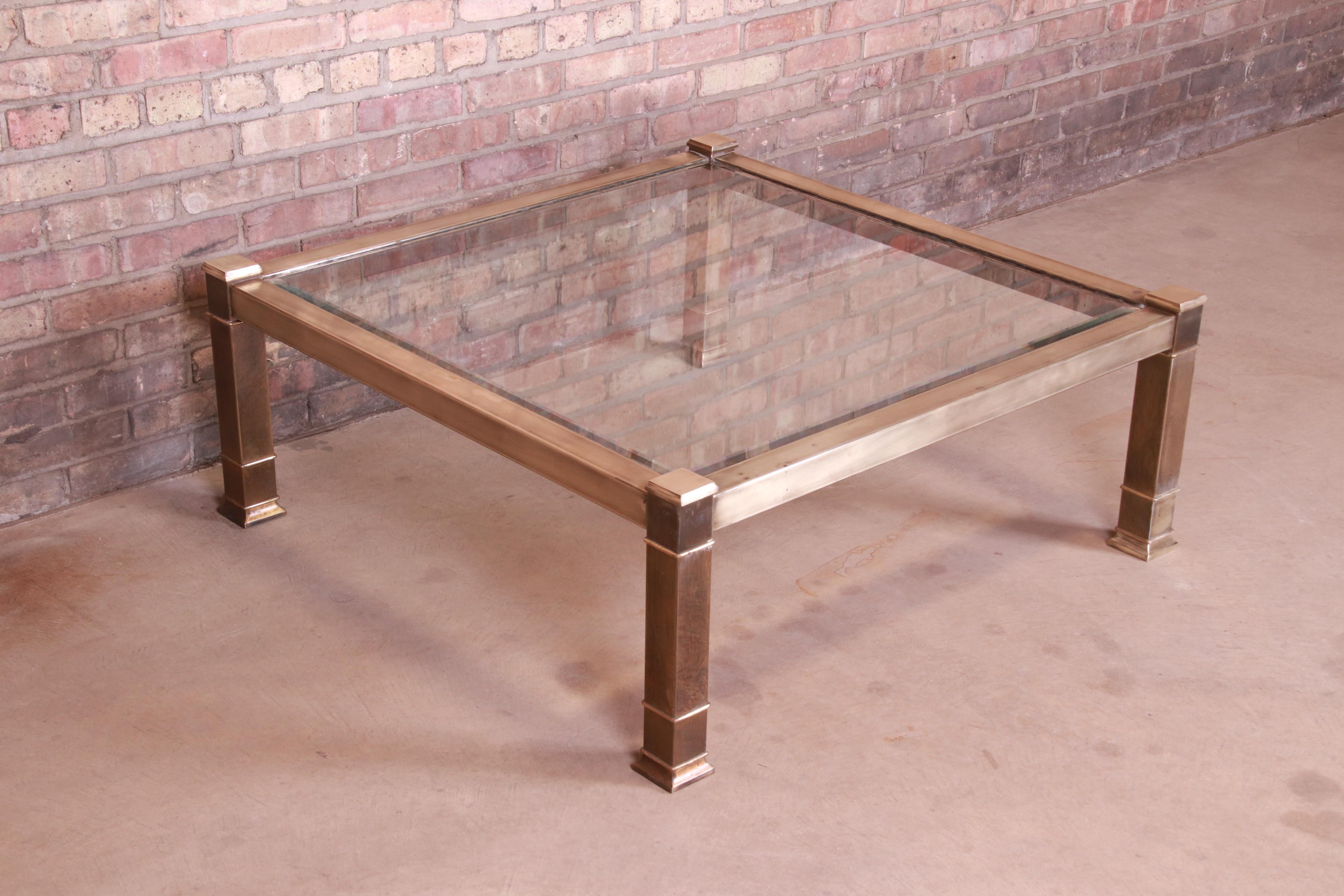 Beveled Mastercraft Midcentury Hollywood Regency Brass and Glass Cocktail Table, 1970s For Sale