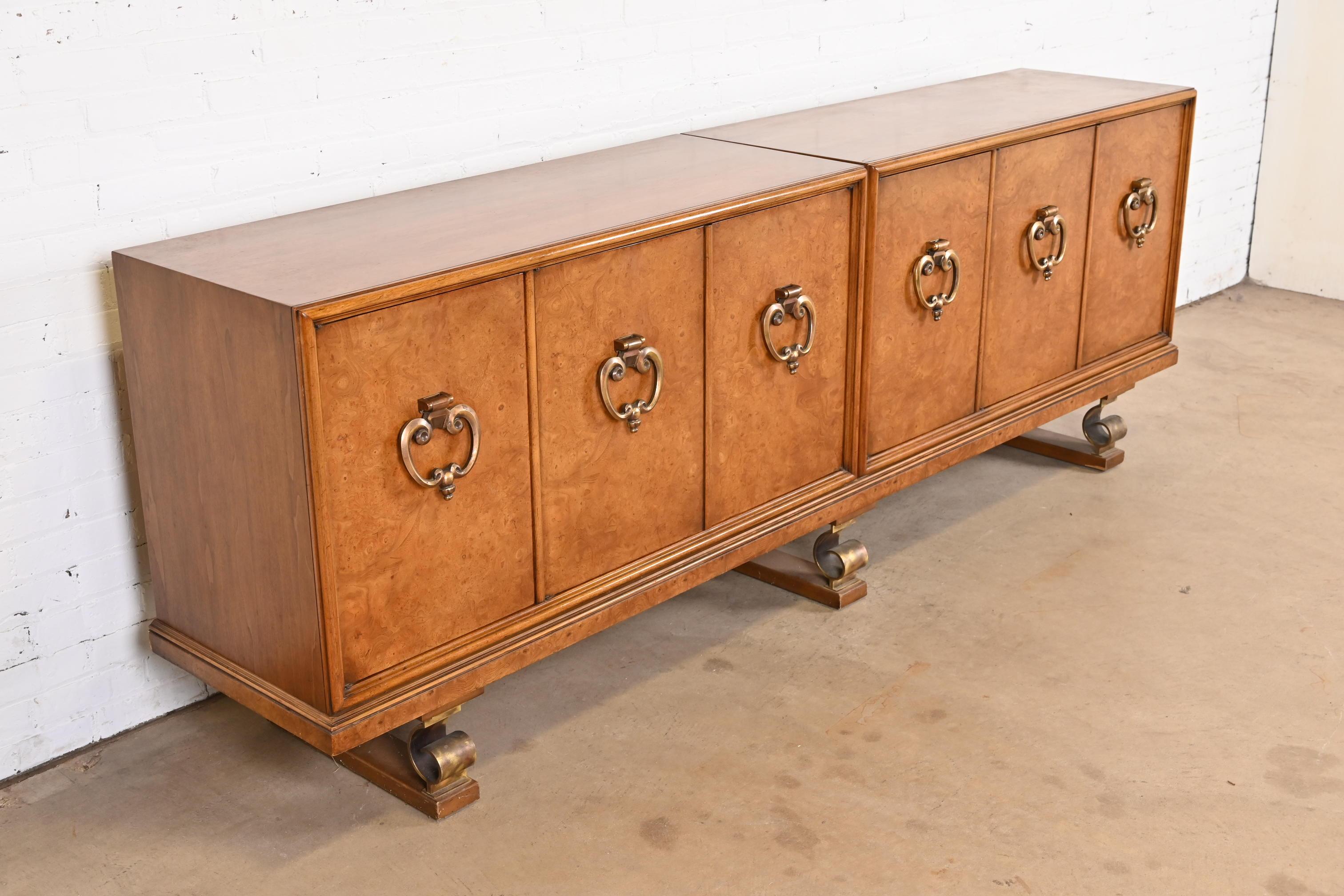 Mid-Century Modern Mastercraft Mid-Century Hollywood Regency Burl Wood and Brass Sideboard, 1960s For Sale