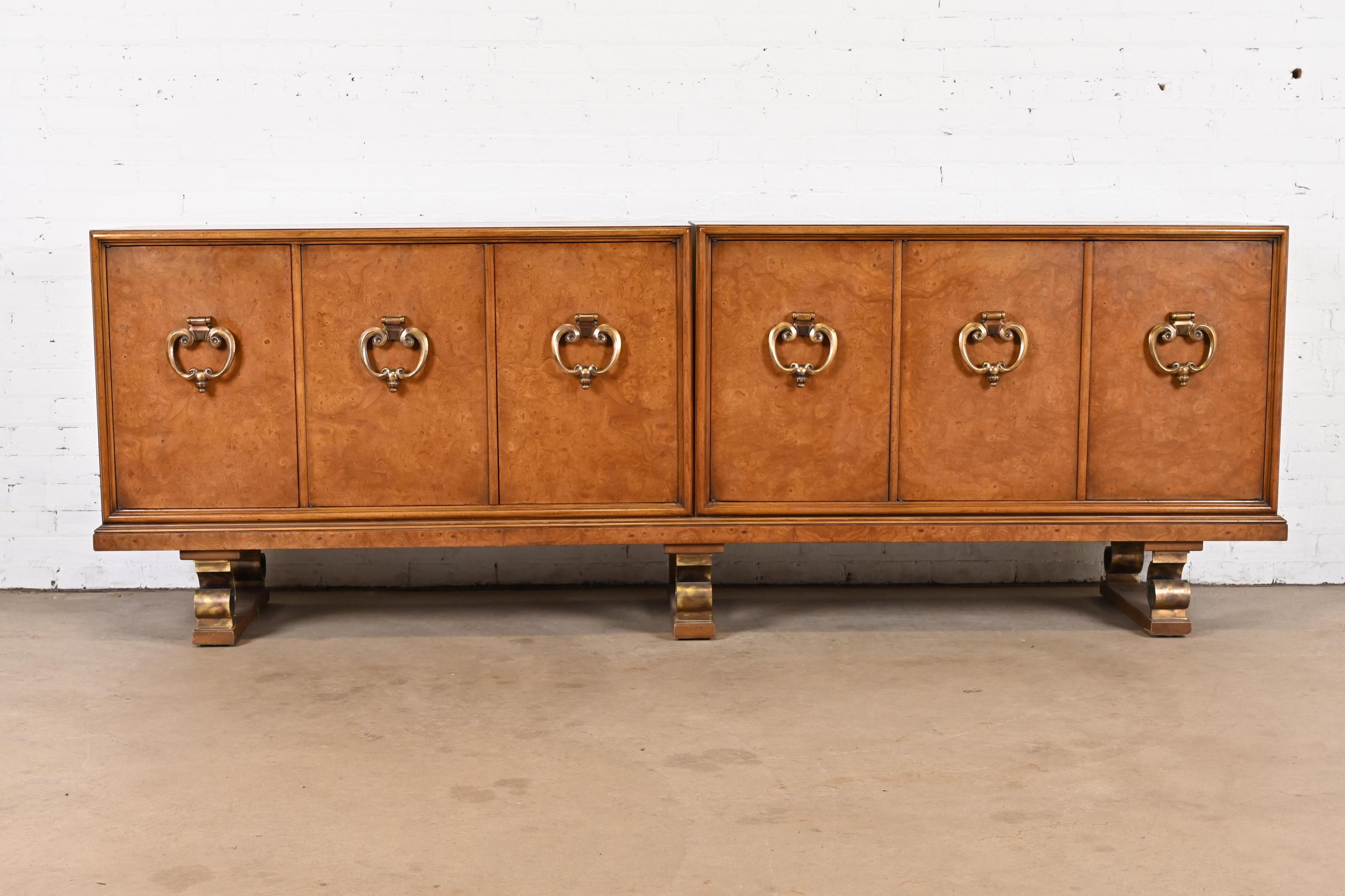American Mastercraft Mid-Century Hollywood Regency Burl Wood and Brass Sideboard, 1960s For Sale