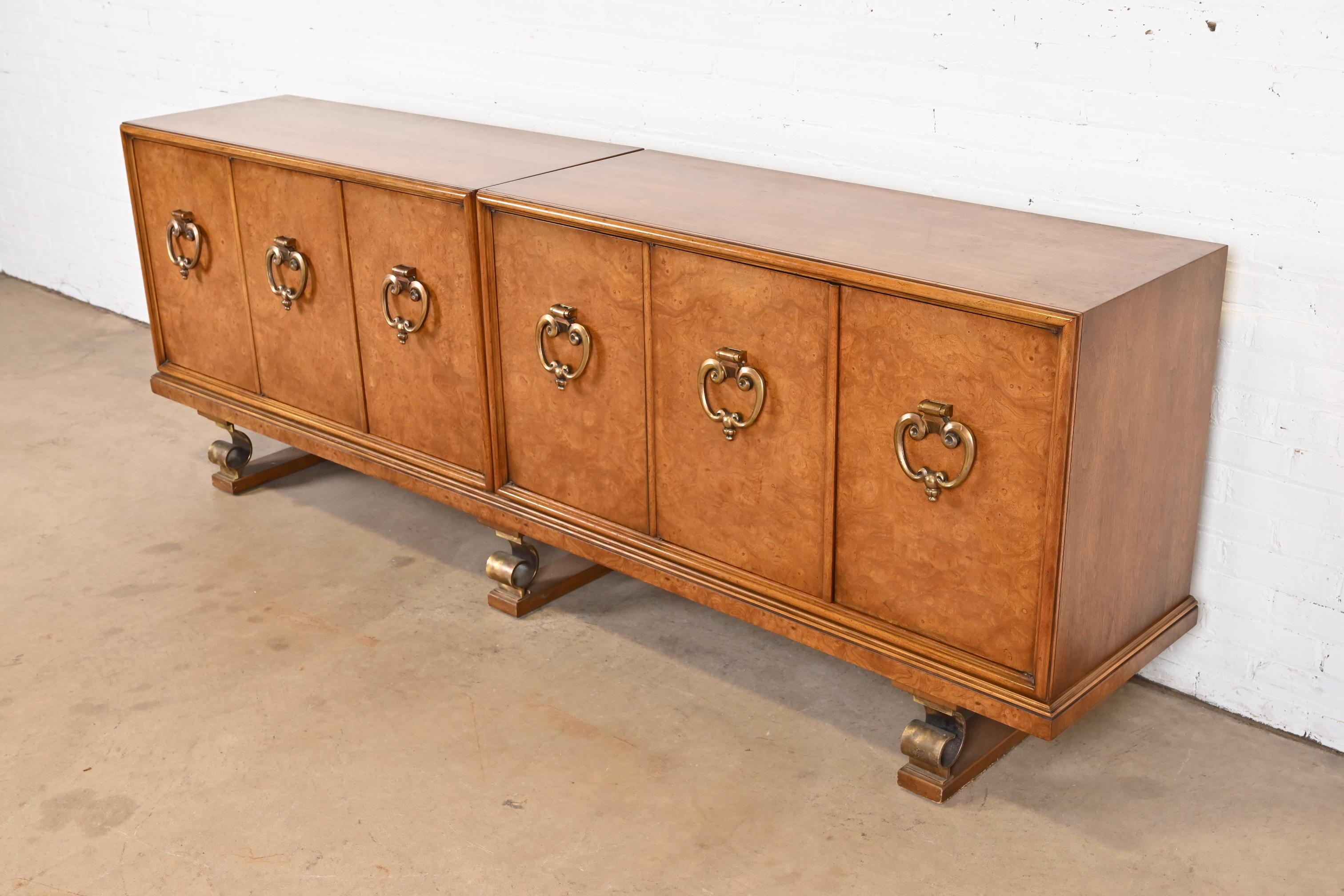 Mid-20th Century Mastercraft Mid-Century Hollywood Regency Burl Wood and Brass Sideboard, 1960s For Sale