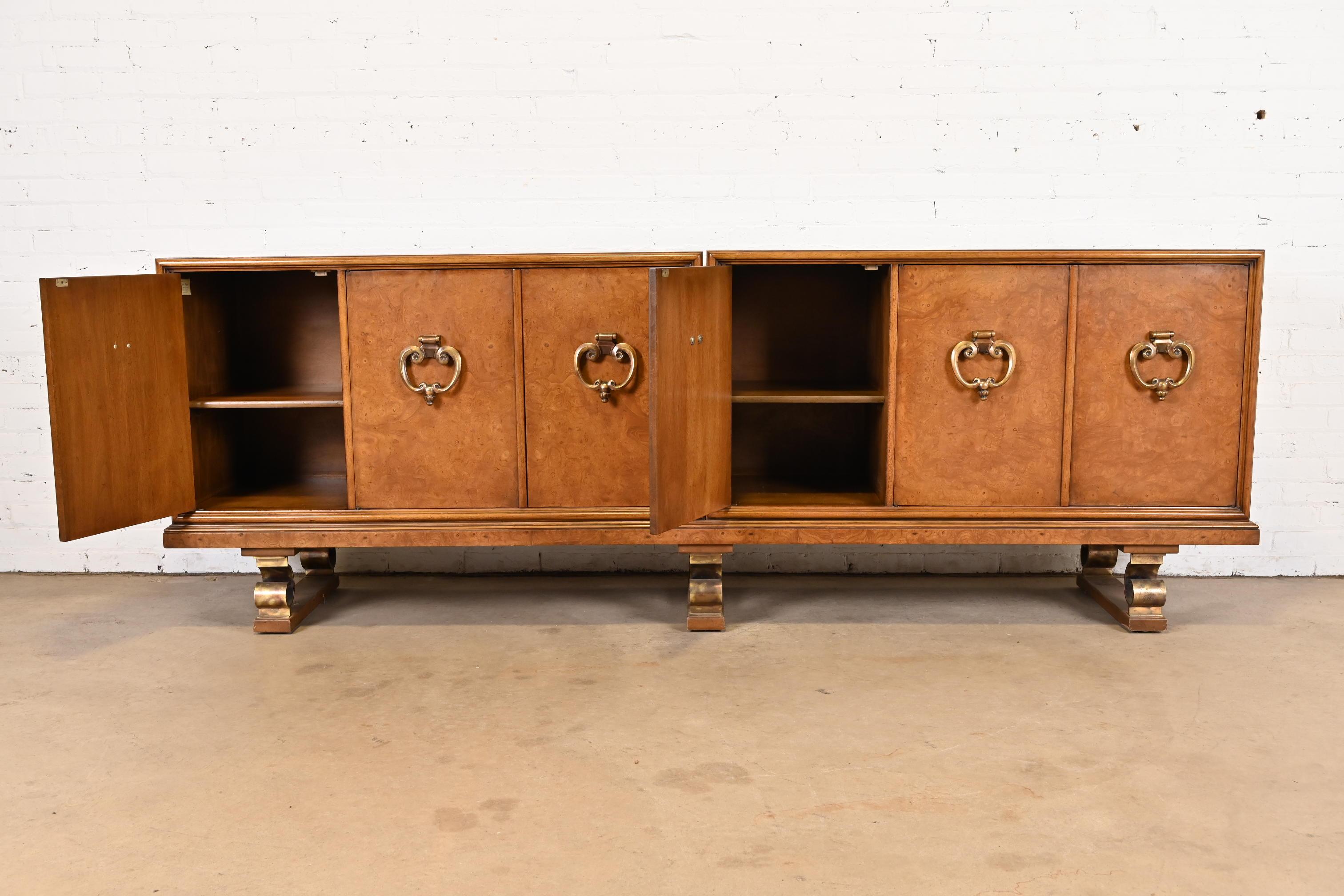 Mastercraft Mid-Century Hollywood Regency Burl Wood and Brass Sideboard, 1960s For Sale 2