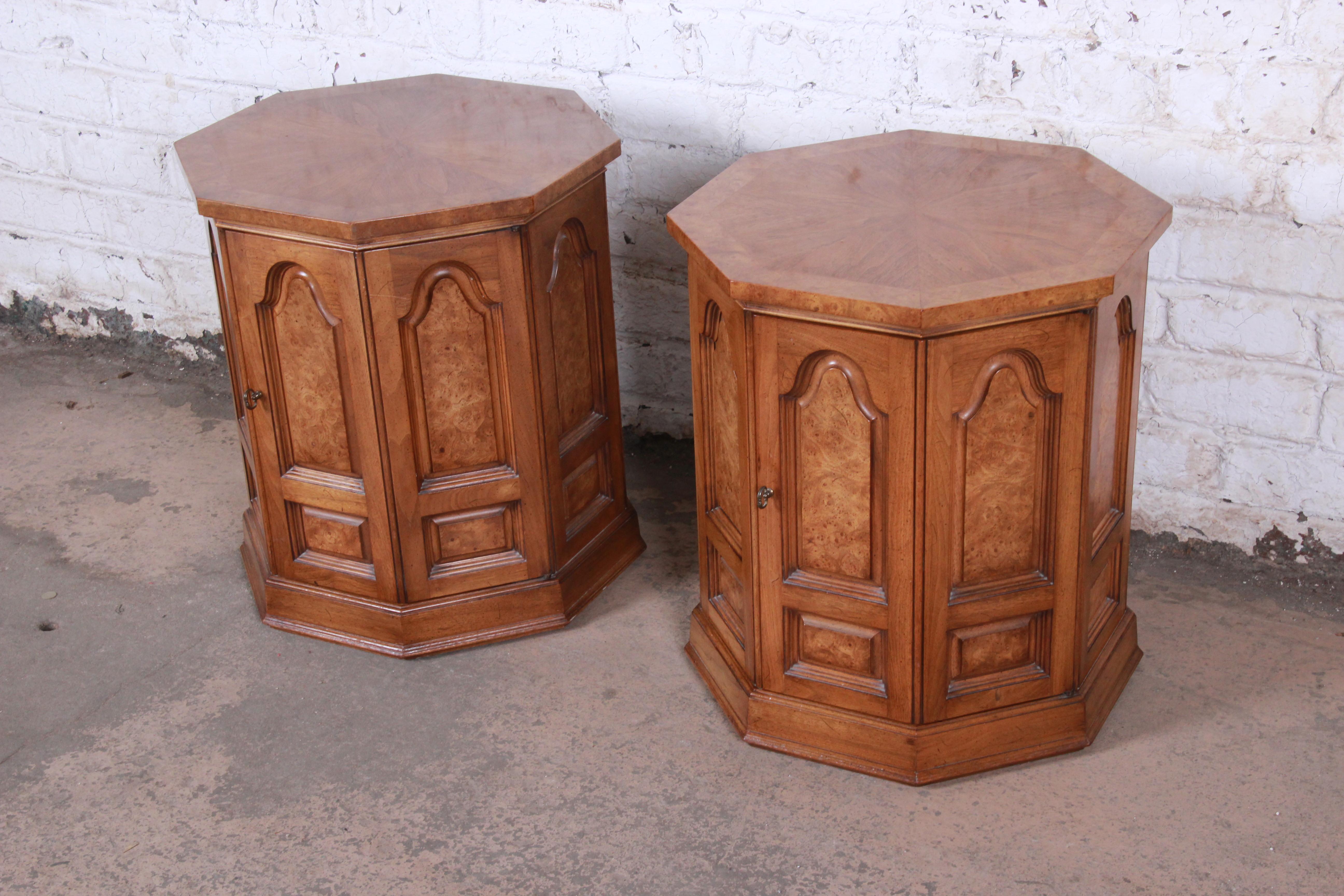 Mid-Century Modern Mastercraft Midcentury Hollywood Regency Burl Wood Cabinet Side Tables, Pair