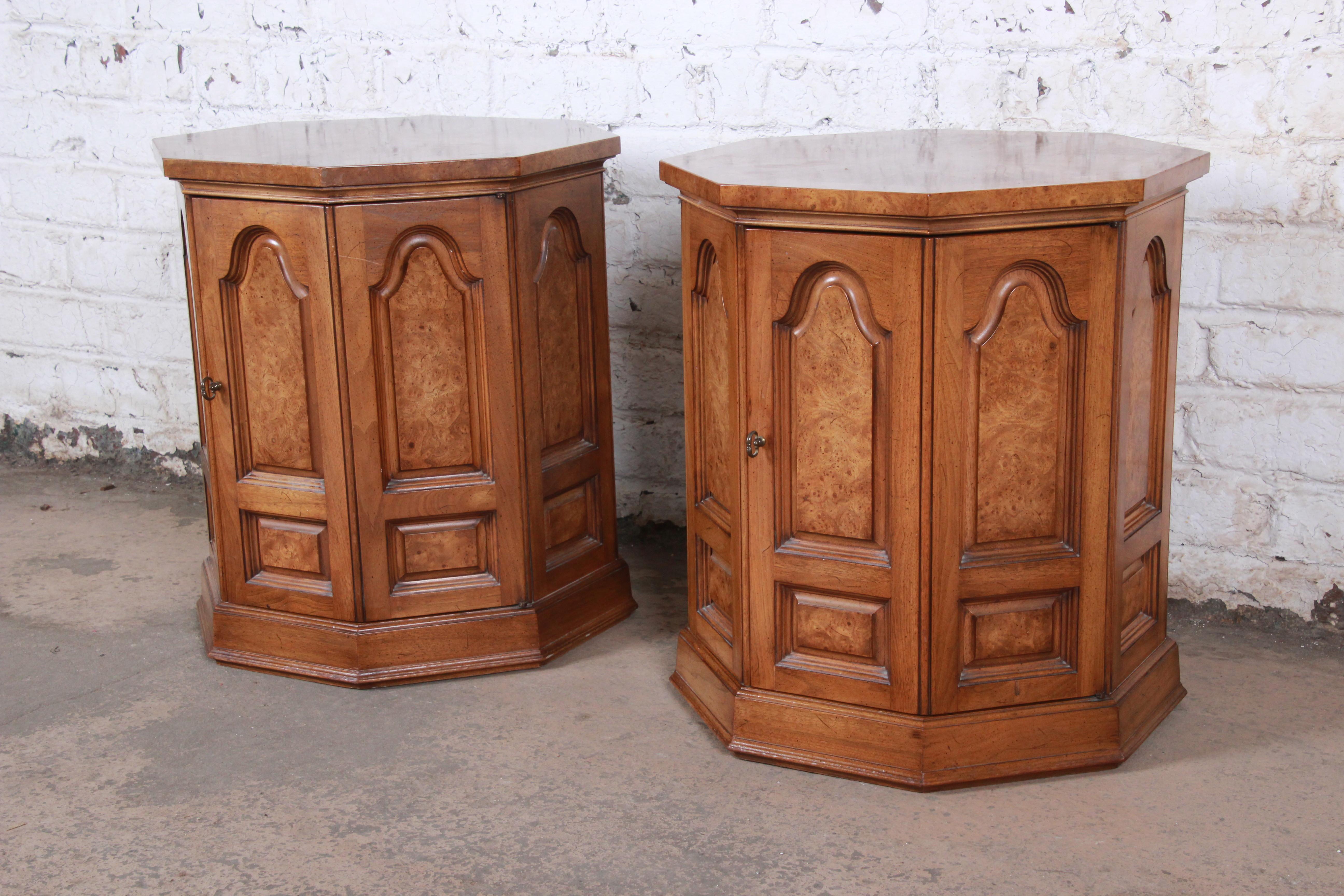 American Mastercraft Midcentury Hollywood Regency Burl Wood Cabinet Side Tables, Pair