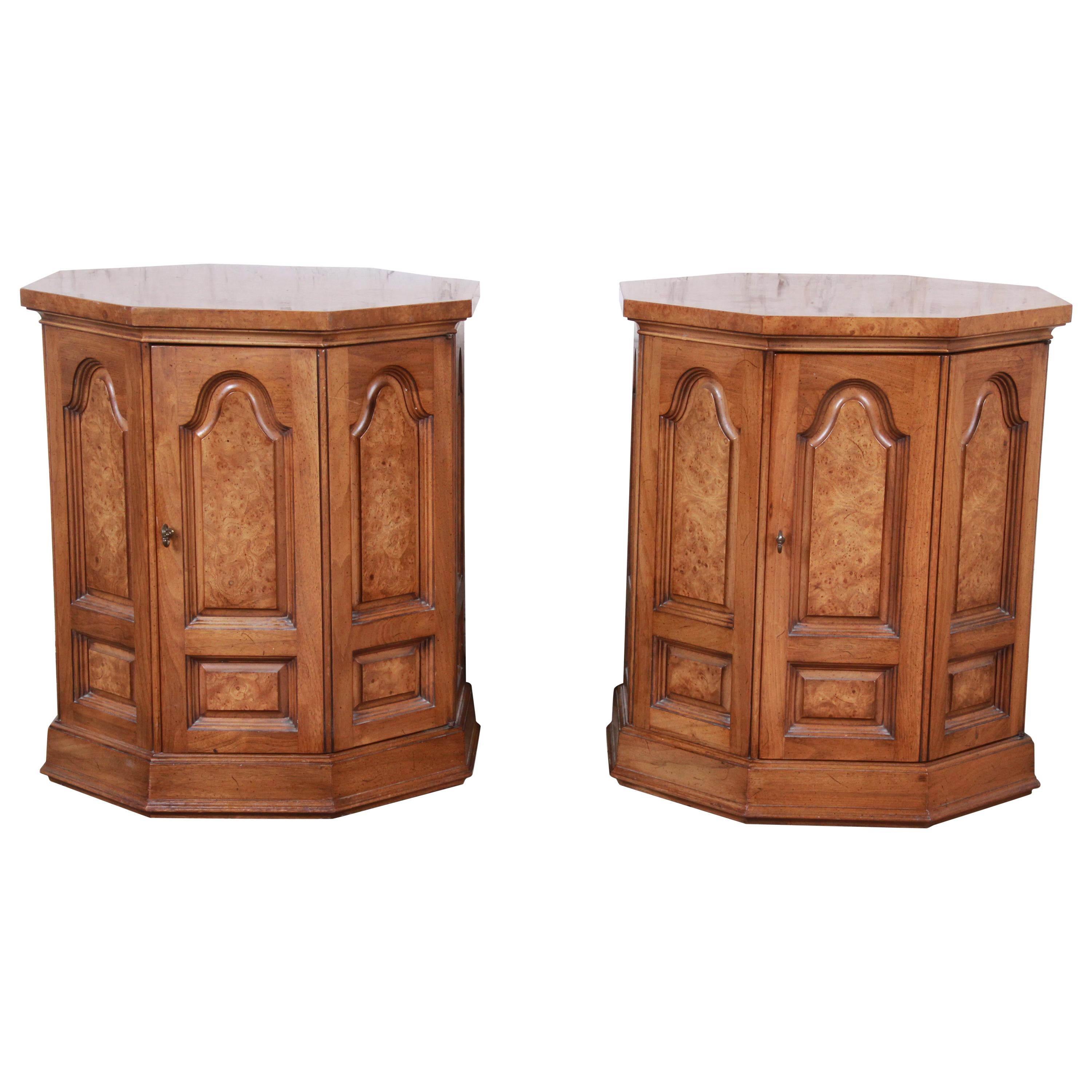 Mastercraft Midcentury Hollywood Regency Burl Wood Cabinet Side Tables, Pair