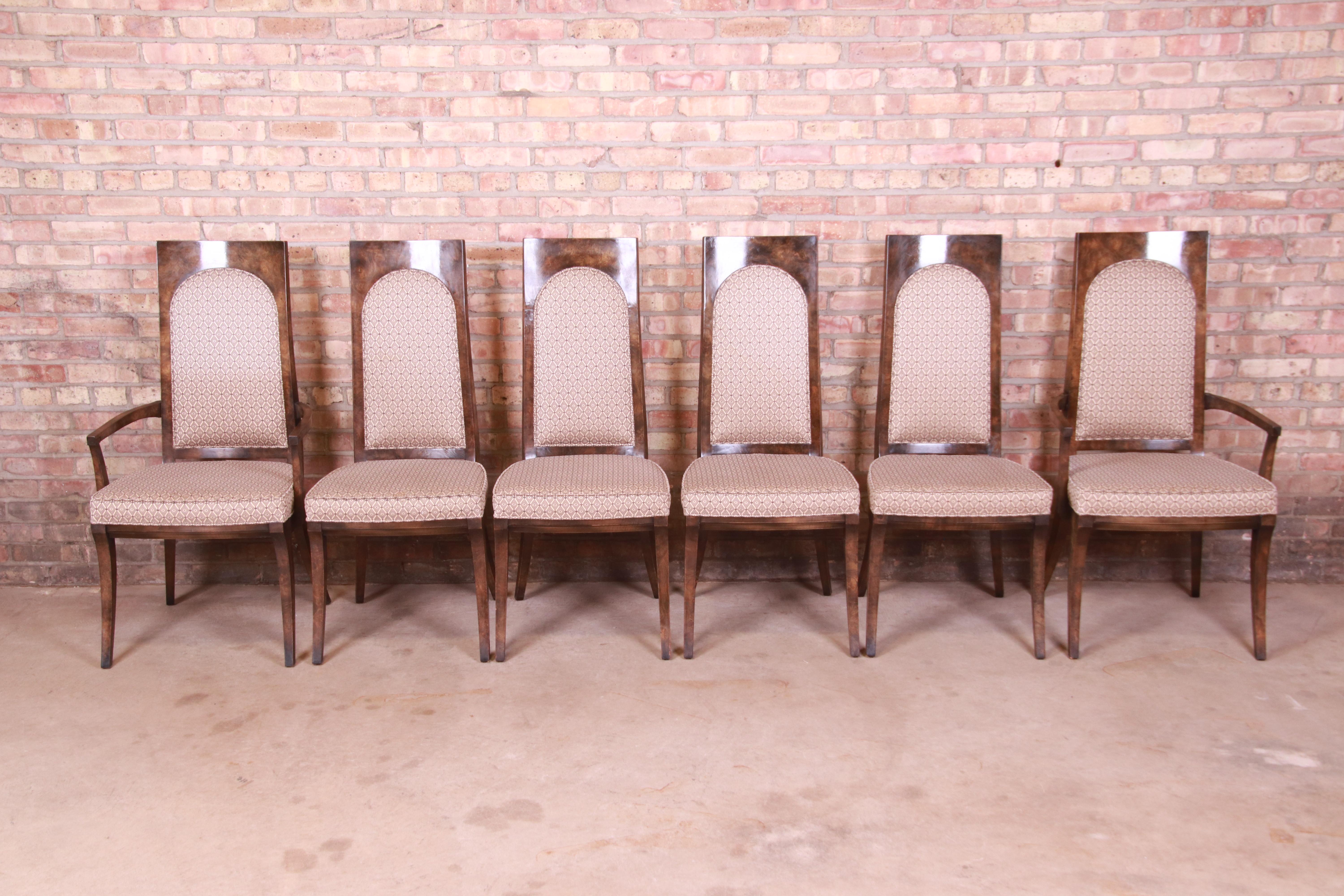 A gorgeous set of six Mid-Century Modern Hollywood Regency dining chairs

By William Doezema for Mastercraft

USA, 1970s

Sculpted burled Carpathian elm wood frames, with upholstered seats and backs.

Measures:
Side chairs - 18.5