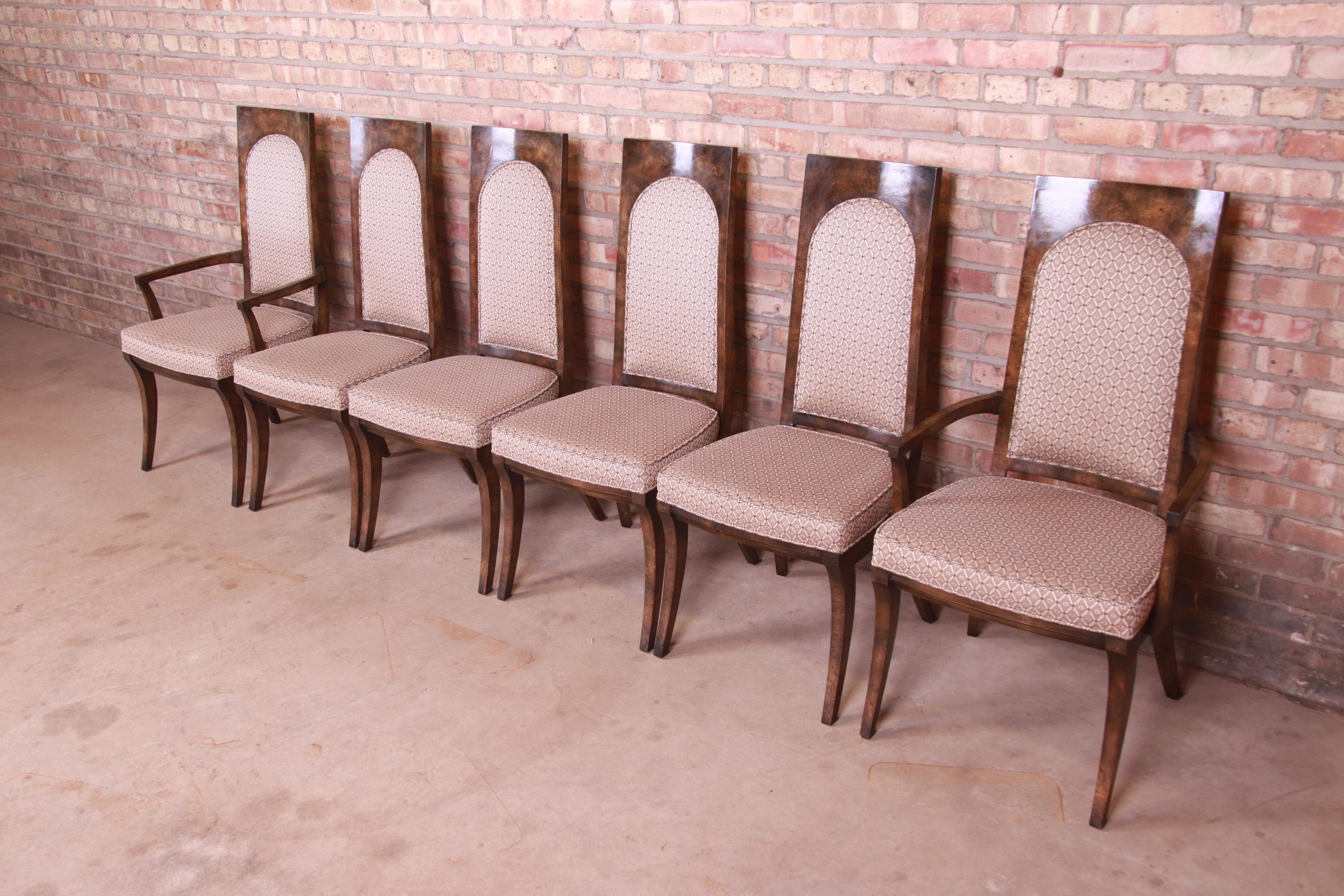 Mid-Century Modern Ensemble de six chaises de salle à manger Mastercraft en bois de broussin de style Hollywood Regency du milieu du siècle dernier en vente