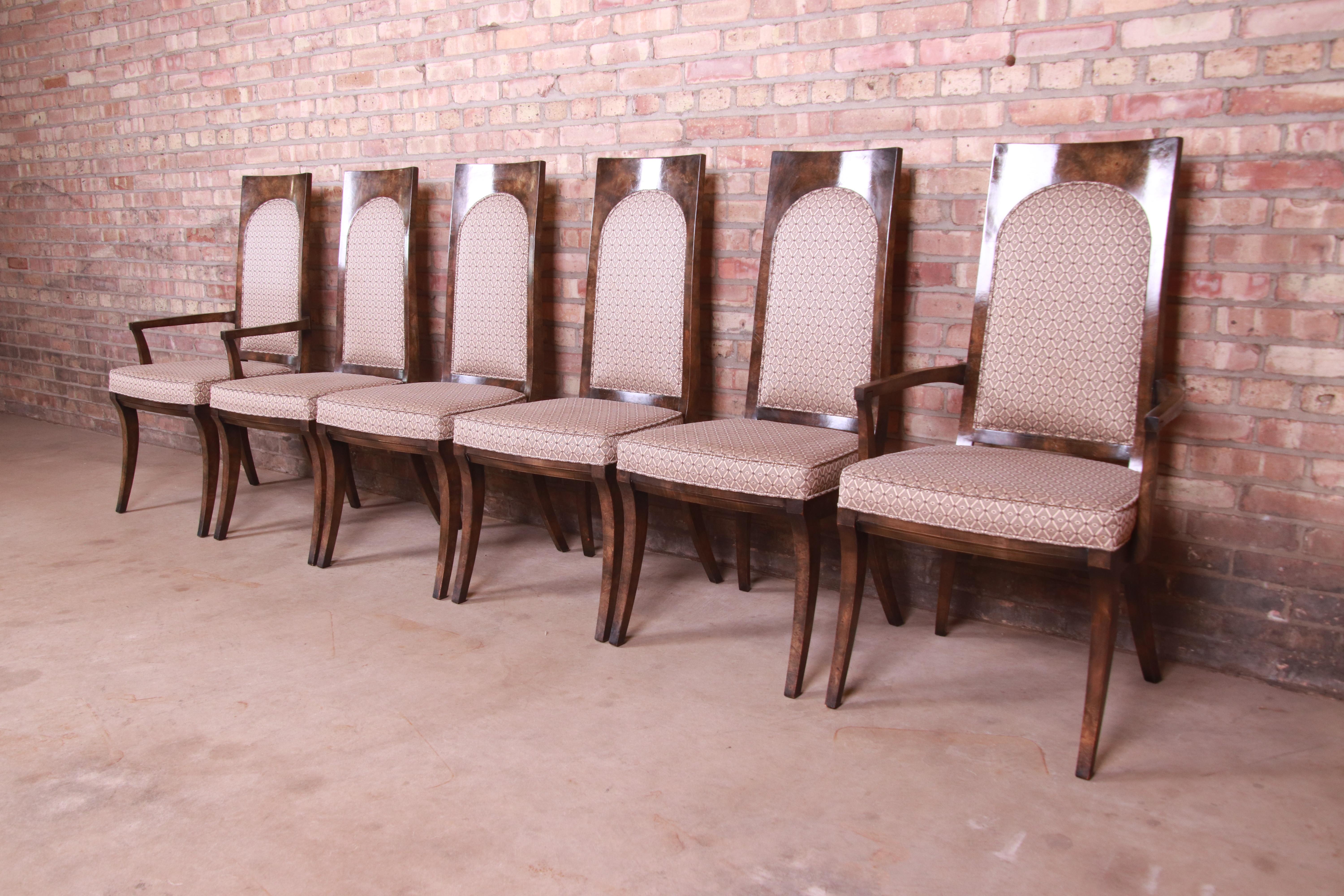 Américain Ensemble de six chaises de salle à manger Mastercraft en bois de broussin de style Hollywood Regency du milieu du siècle dernier en vente