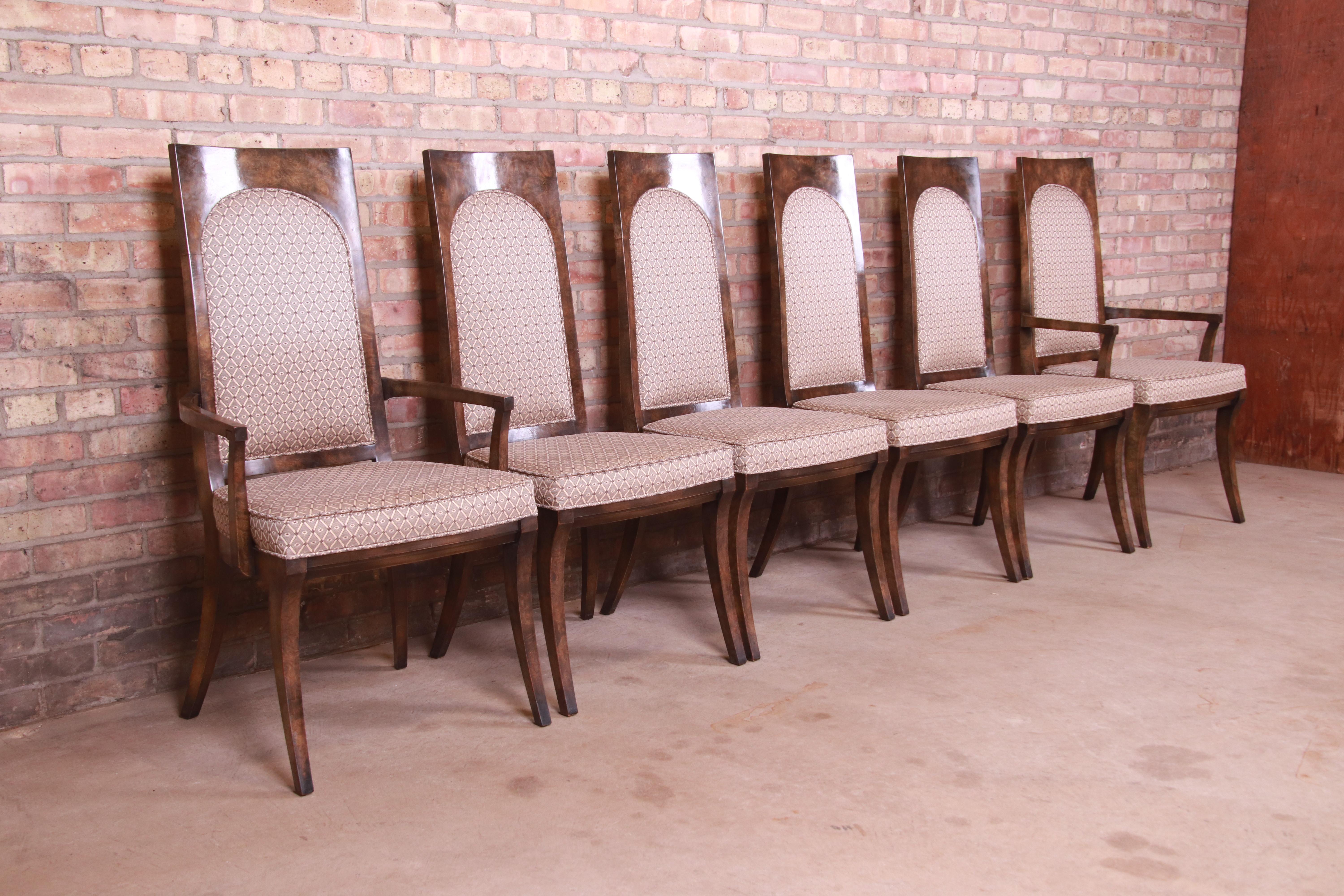 Fin du 20e siècle Ensemble de six chaises de salle à manger Mastercraft en bois de broussin de style Hollywood Regency du milieu du siècle dernier en vente