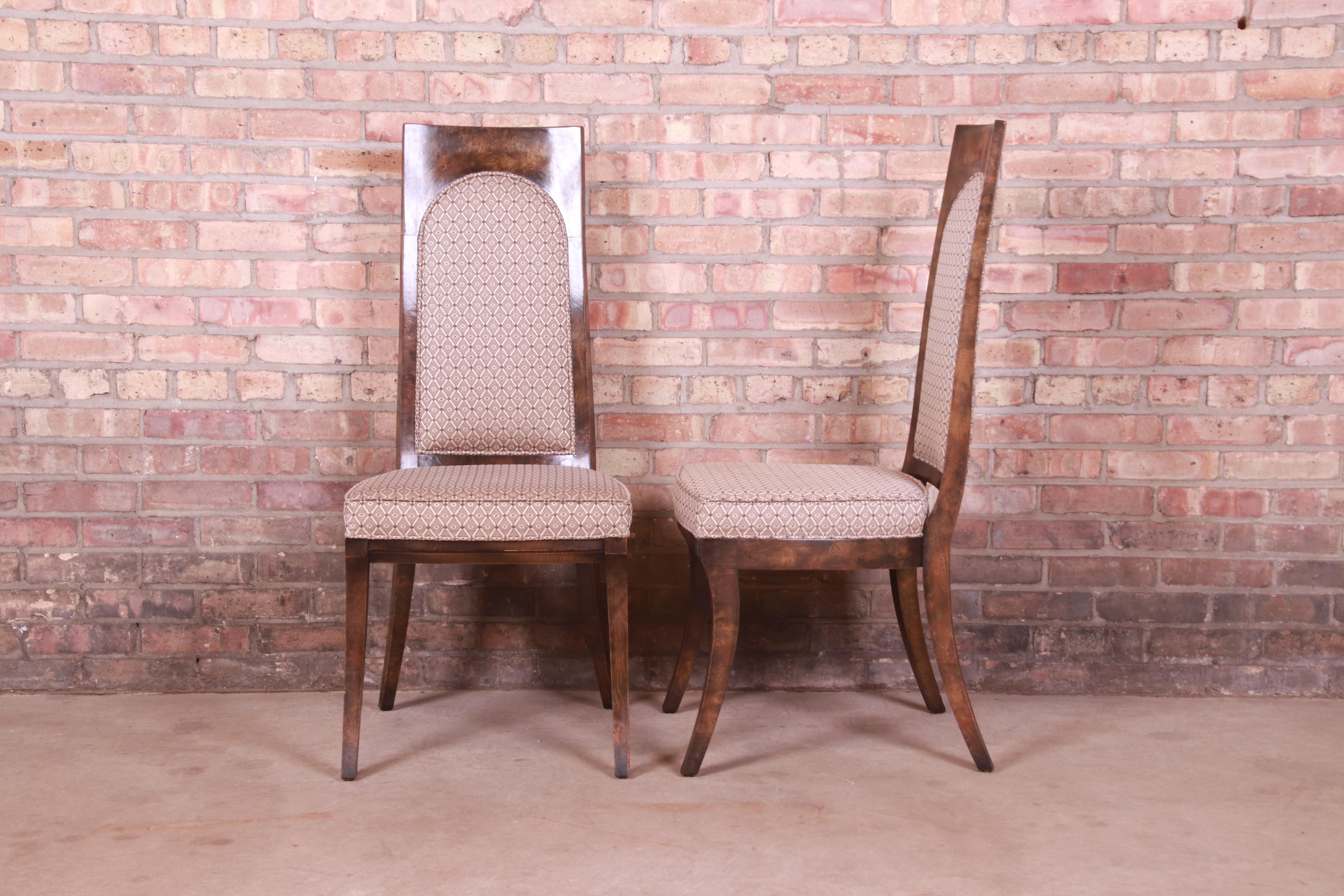Tissu d'ameublement Ensemble de six chaises de salle à manger Mastercraft en bois de broussin de style Hollywood Regency du milieu du siècle dernier en vente