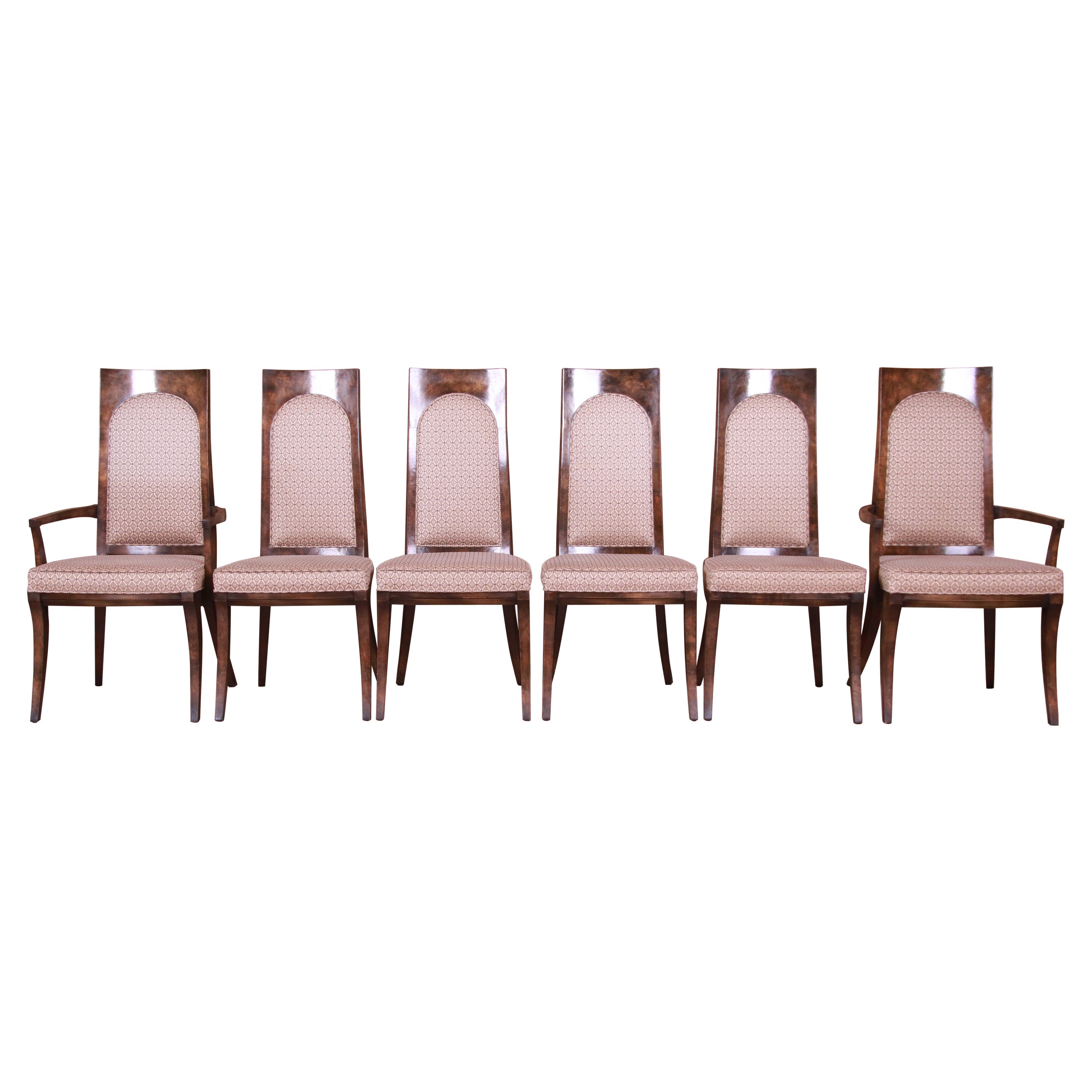 Ensemble de six chaises de salle à manger Mastercraft en bois de broussin de style Hollywood Regency du milieu du siècle dernier