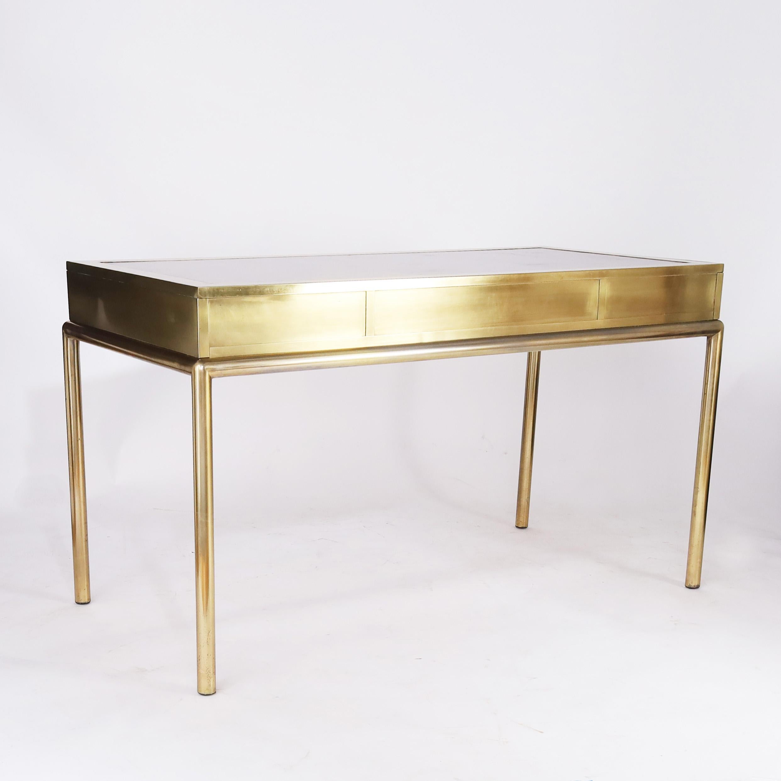 Campaign Mastercraft Mid Century Leather Top Brass Desk For Sale