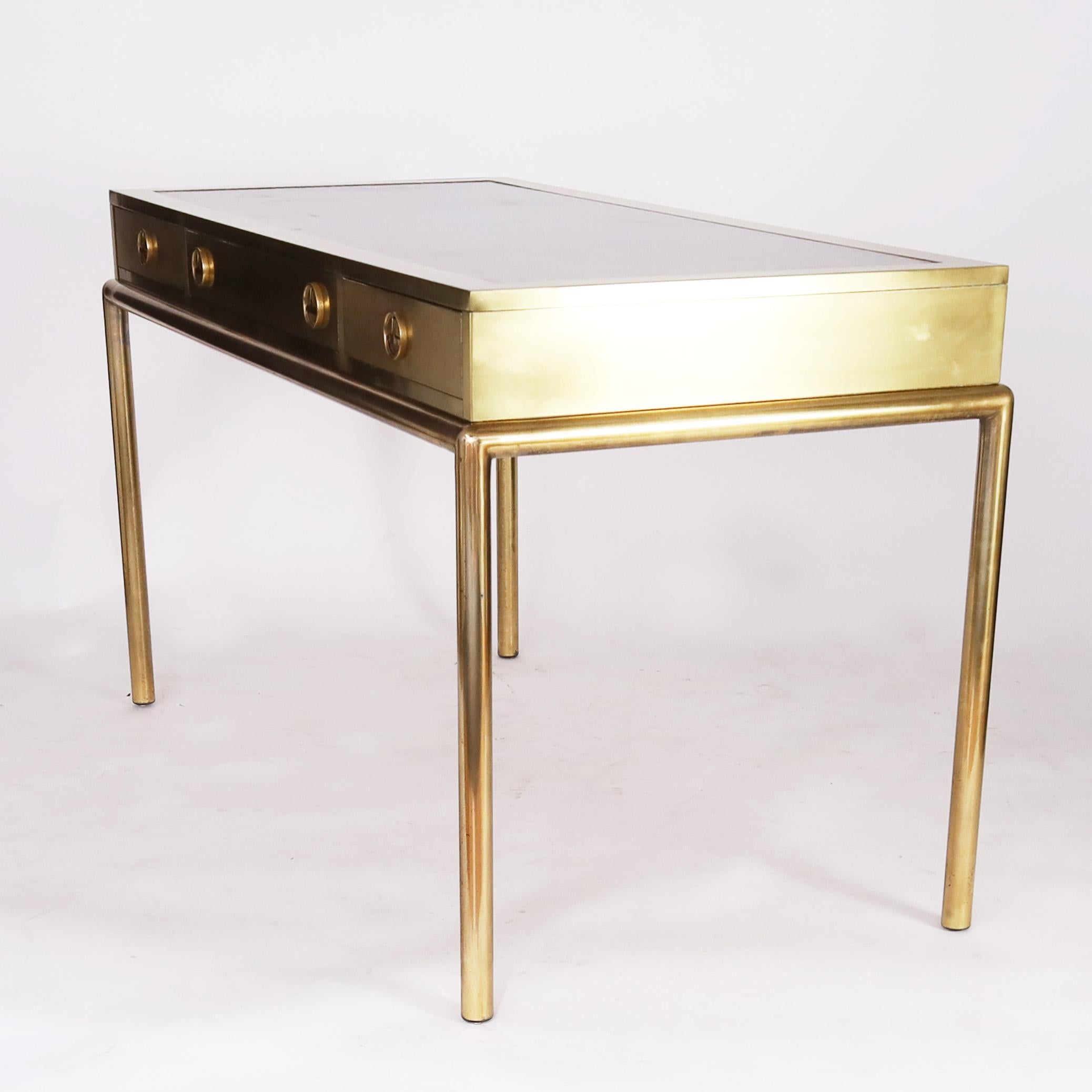 American Mastercraft Mid Century Leather Top Brass Desk For Sale