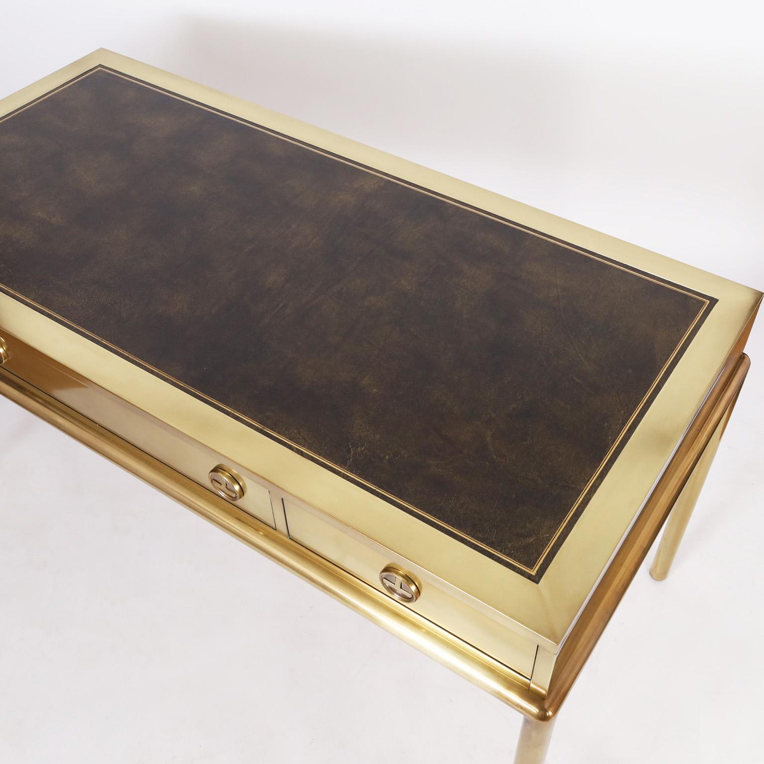 Mid-Century Modern Mastercraft Midcentury Leather Top Brass Desk
