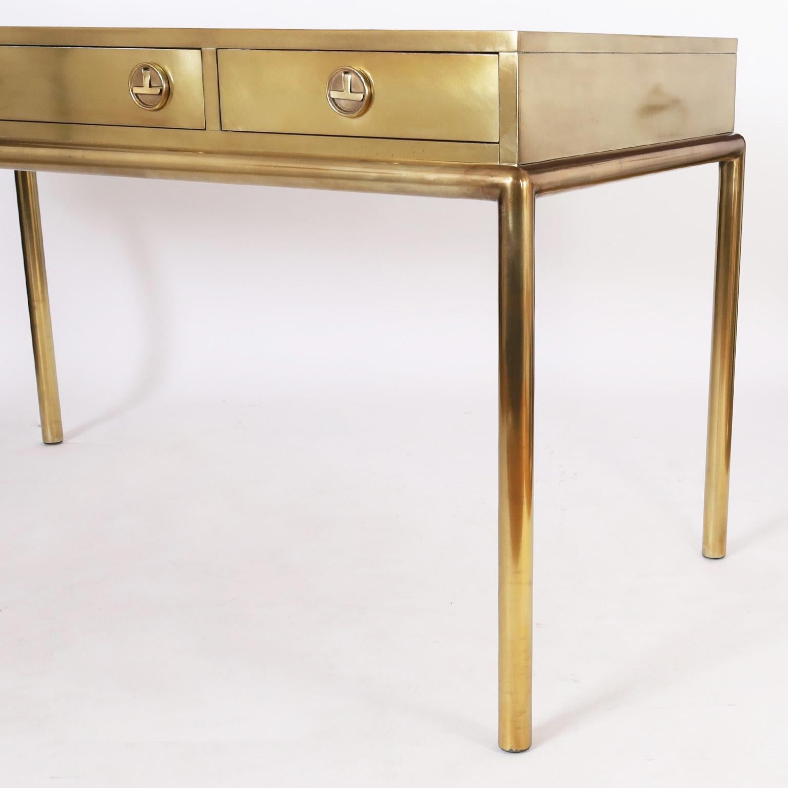 20th Century Mastercraft Midcentury Leather Top Brass Desk