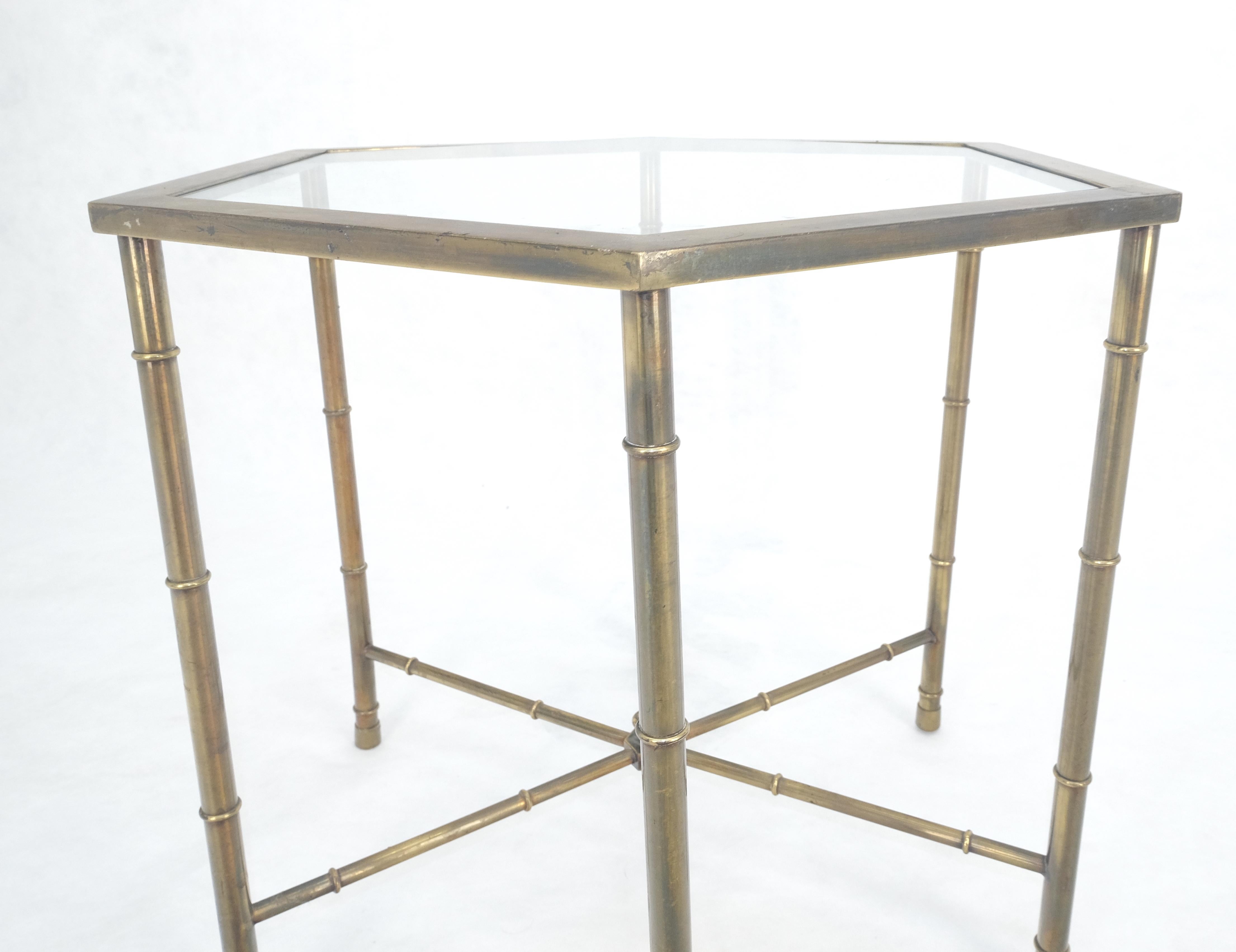 Brass Mastercraft Mid Century Modern Hexagon Top Faux Bamboo Legs Coffee Side Table For Sale