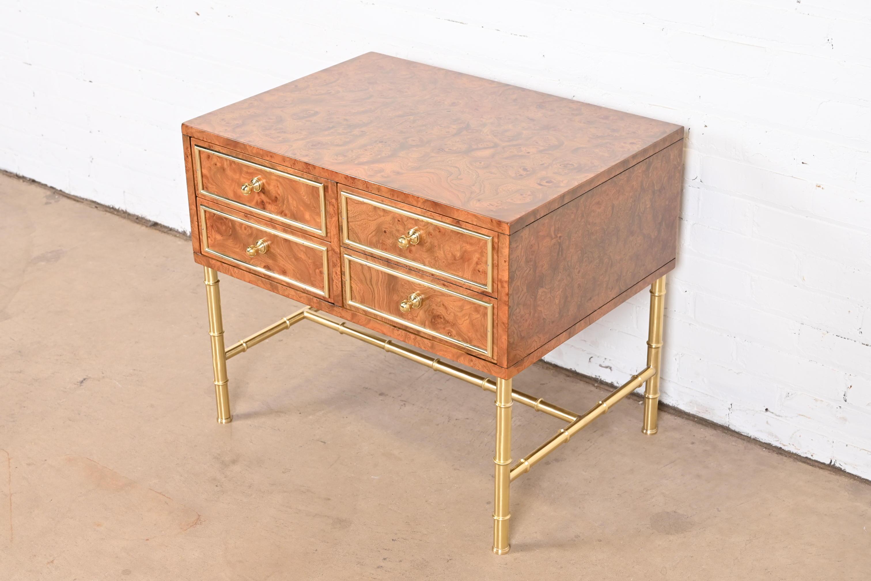 American Mastercraft Mid-Century Modern Hollywood Regency Burl and Brass Chest of Drawers