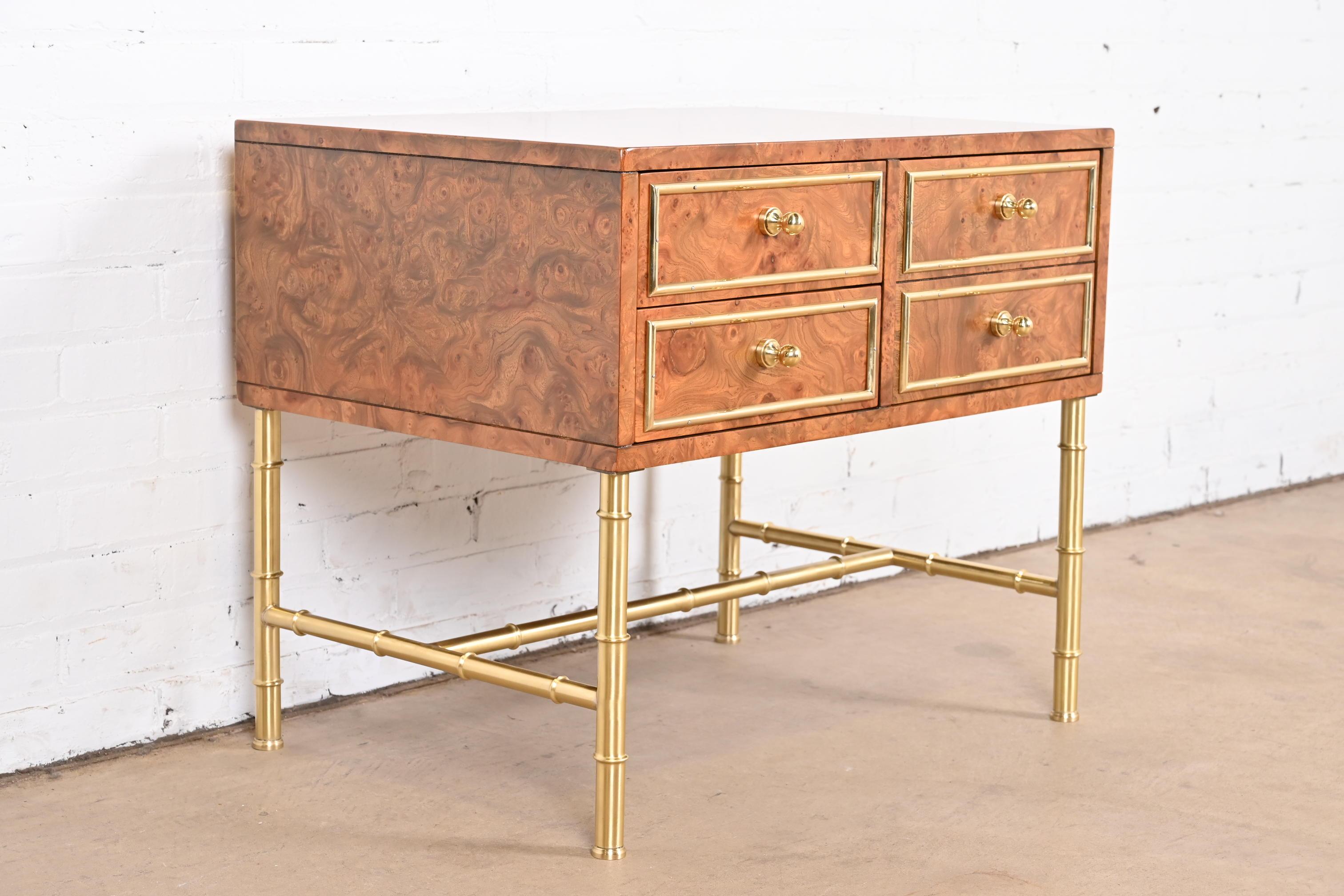 Late 20th Century Mastercraft Mid-Century Modern Hollywood Regency Burl and Brass Chest of Drawers