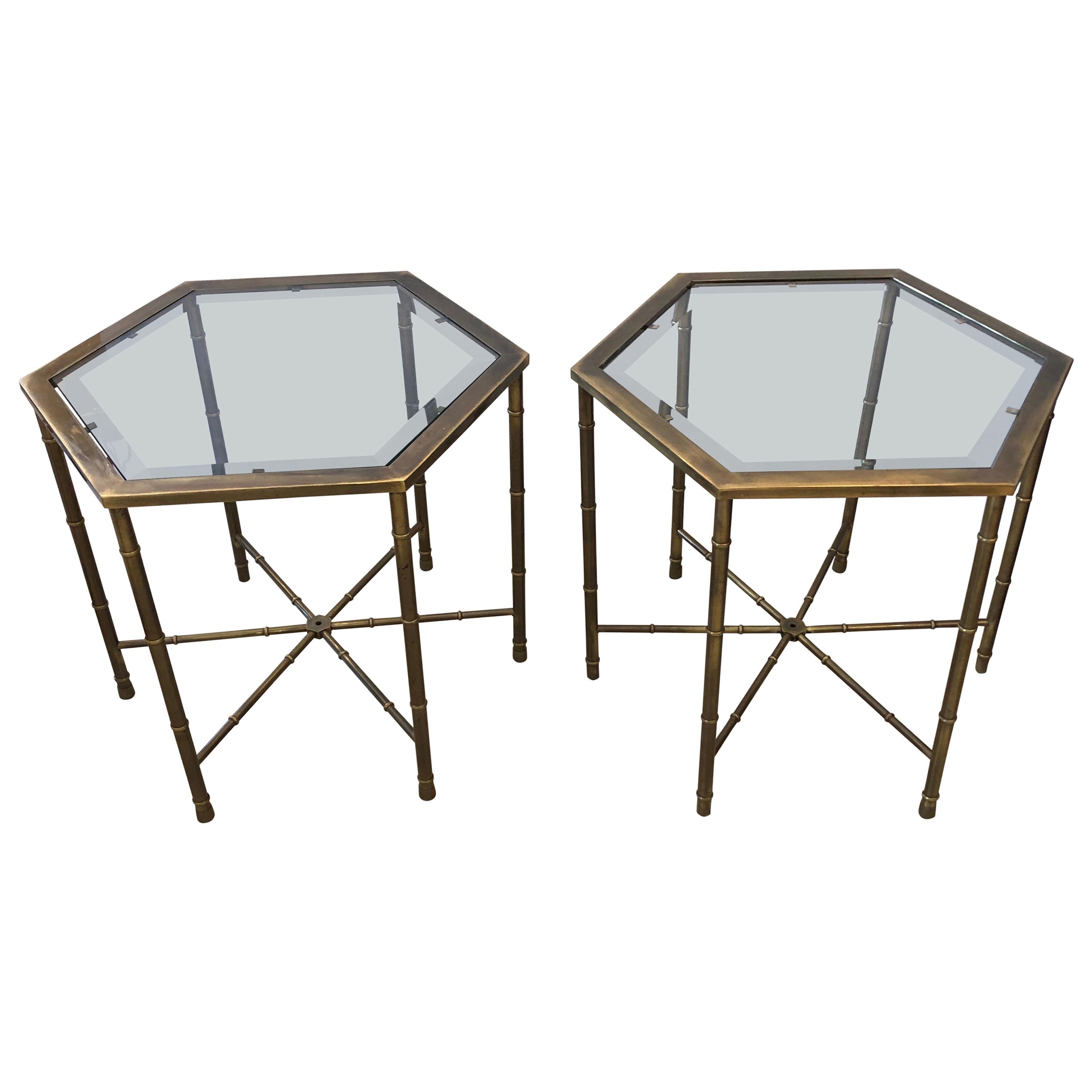 Mastercraft Mid-Century Modern Pair of Brass Faux Bamboo Drinks Side End Tables