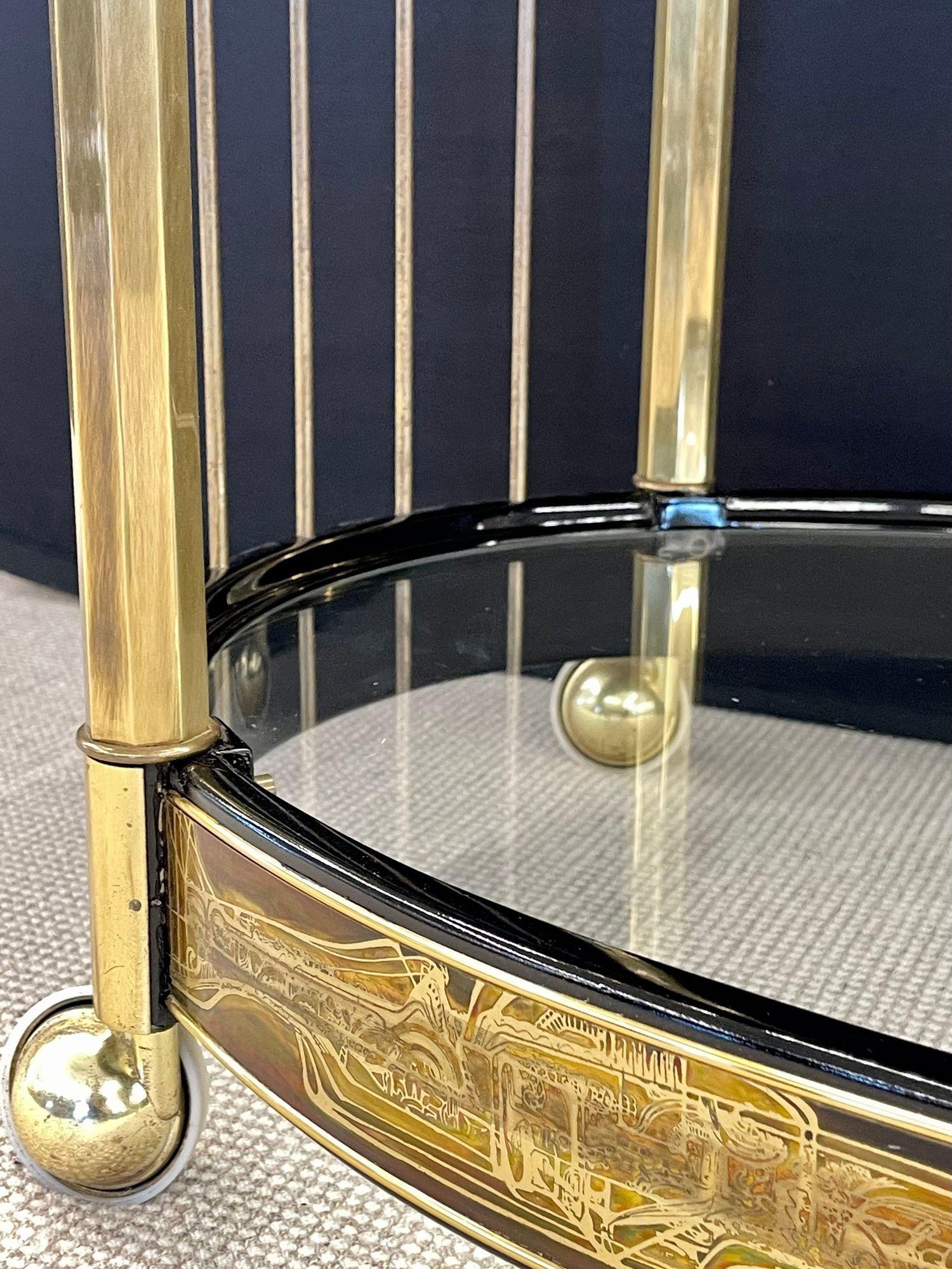Mastercraft, Mid-Century Modern, Rolling Bar Cart, Etched Brass, Lacquer, 1960s For Sale 6
