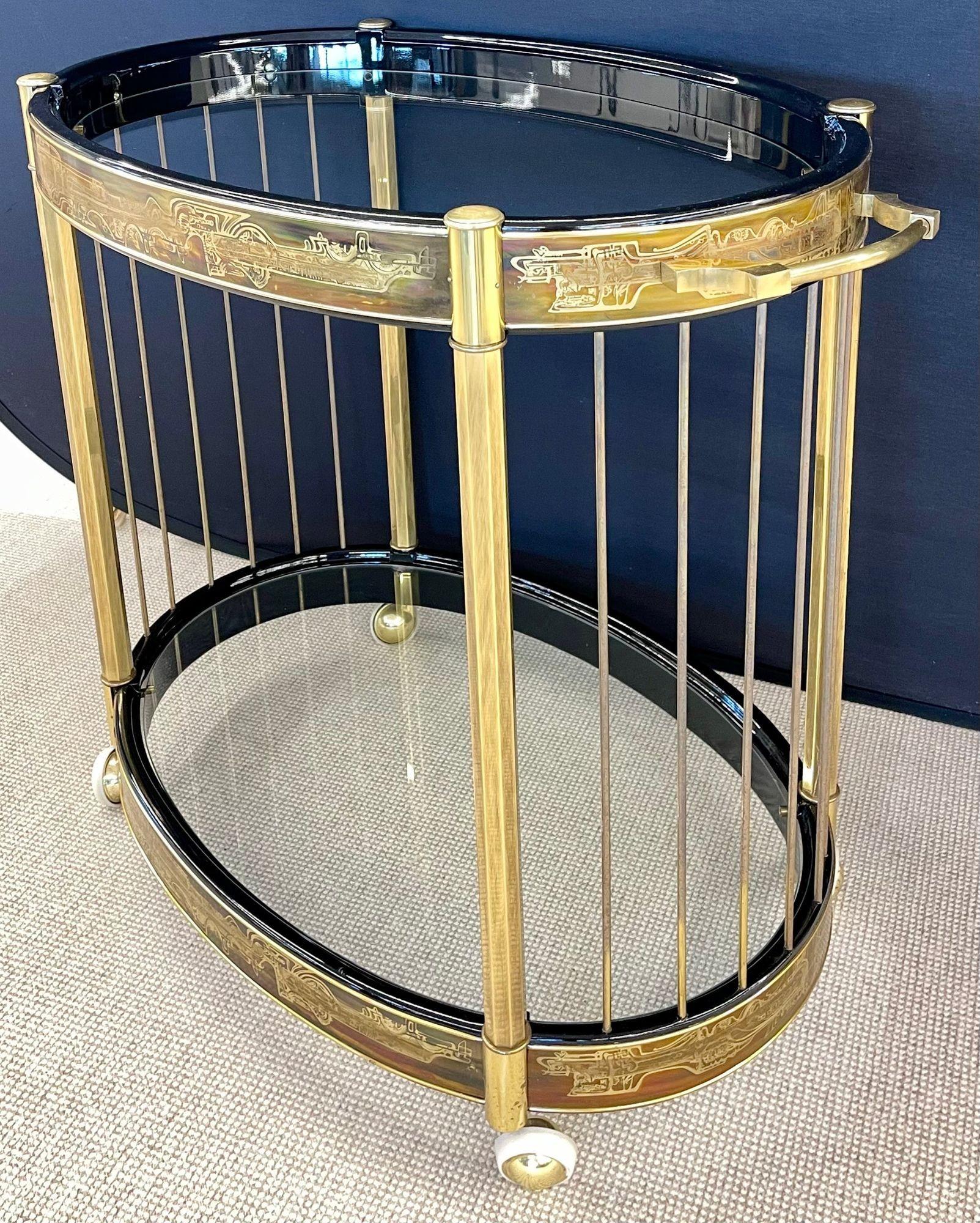 American Mastercraft, Mid-Century Modern, Rolling Bar Cart, Etched Brass, Lacquer, 1960s For Sale