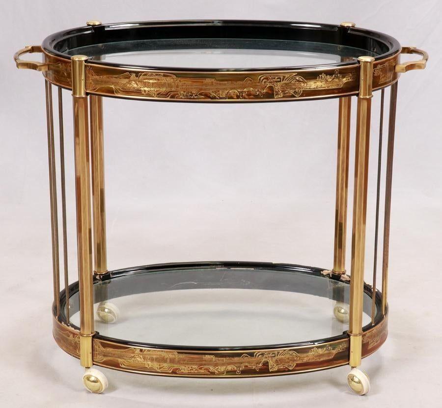 Mastercraft, Mid-Century Modern, Rolling Bar Cart, Etched Brass, Lacquer, 1960s In Good Condition For Sale In Manhasset, NY