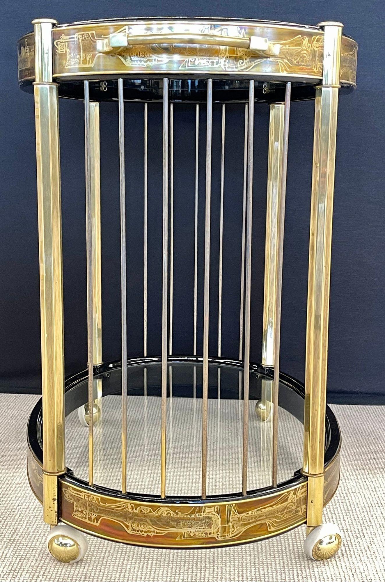 Mid-20th Century Mastercraft, Mid-Century Modern, Rolling Bar Cart, Etched Brass, Lacquer, 1960s For Sale