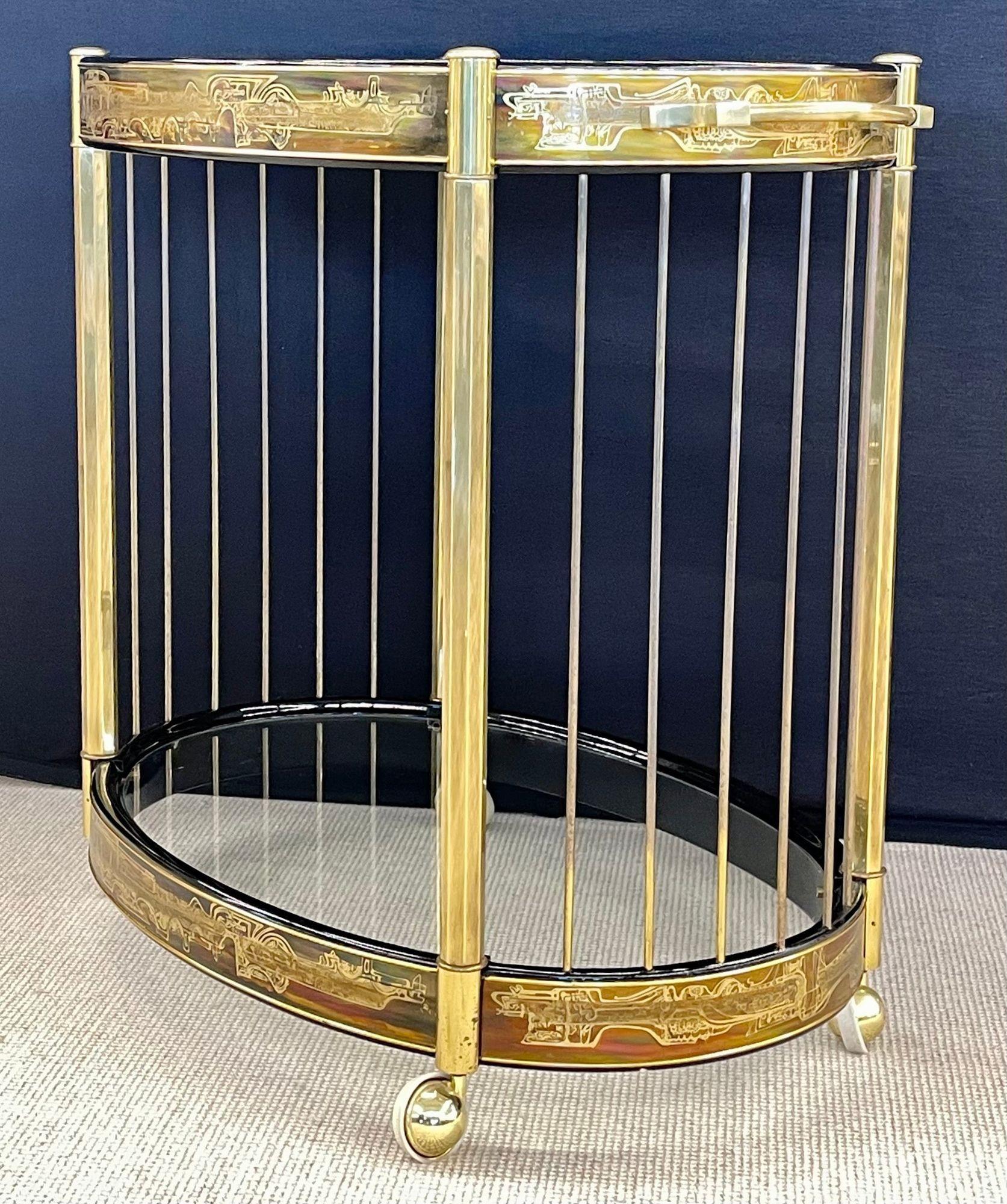 Mastercraft, Mid-Century Modern, Rolling Bar Cart, Etched Brass, Lacquer, 1960s For Sale 1
