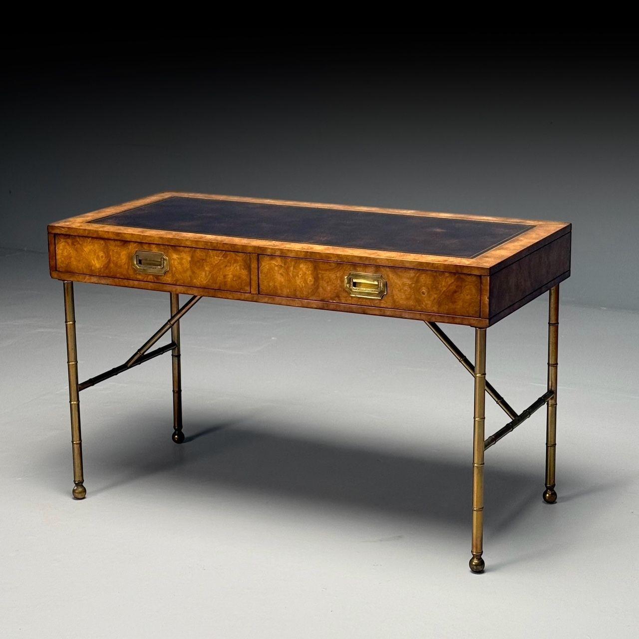 Mastercraft, Mid-Century Modern, Bureau, Burlwood, Brass, Leather, 1950s

Ce bureau du milieu du XXe siècle, conçu par Mastercraft Furniture Co. de Grand Rapids, Michigan, présente un placage de bois de bouleau avec un plateau en cuir marron foncé