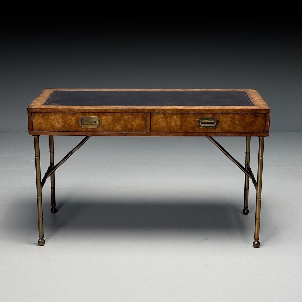 Américain Mastercraft, Mid-Century Modern, Bureau, Burlwood, Brass, Leather, 1950s