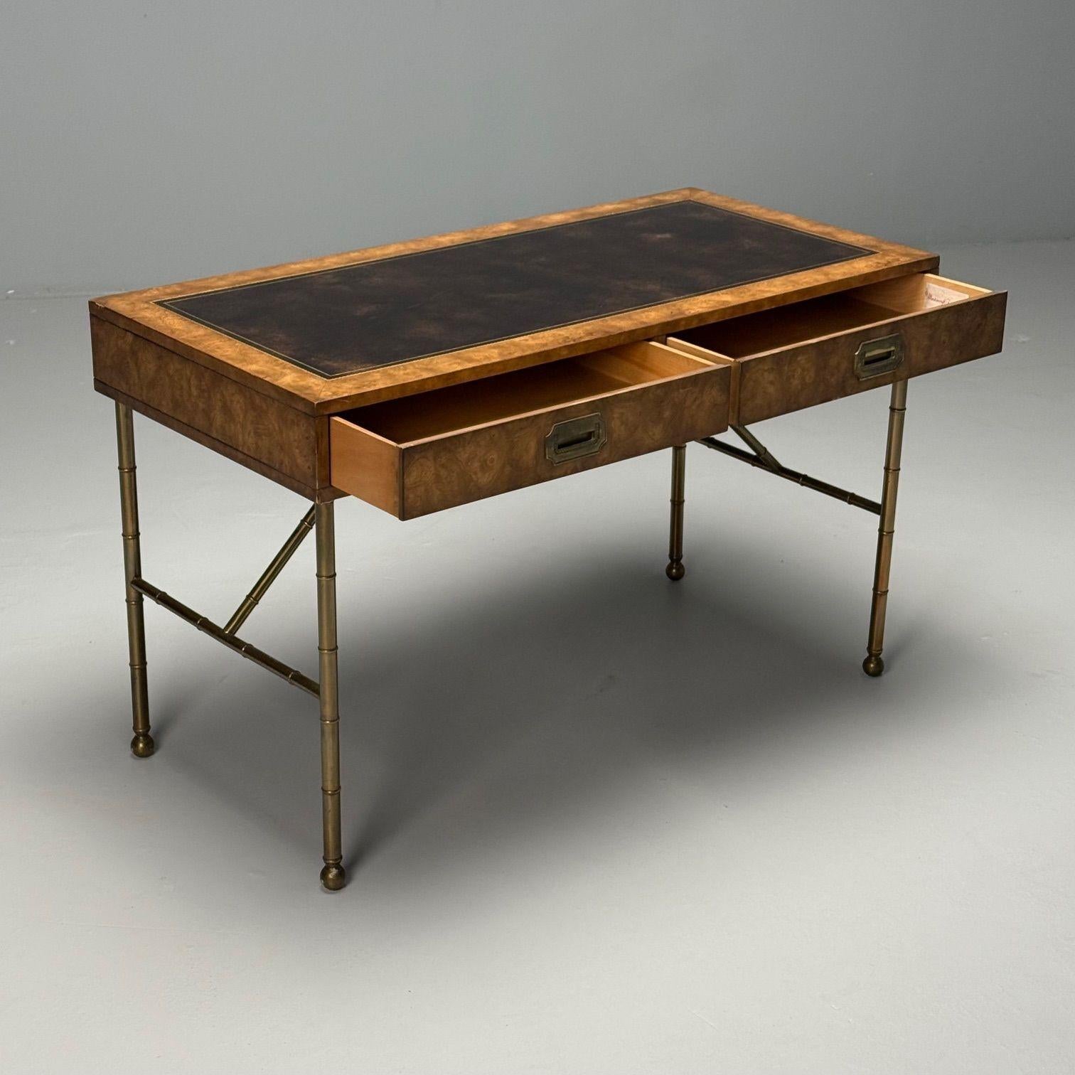 Laiton Mastercraft, Mid-Century Modern, Bureau, Burlwood, Brass, Leather, 1950s