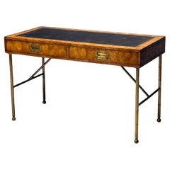 Vintage Mastercraft, Mid-Century Modern, Writing Desk, Burlwood, Brass, Leather, 1950s