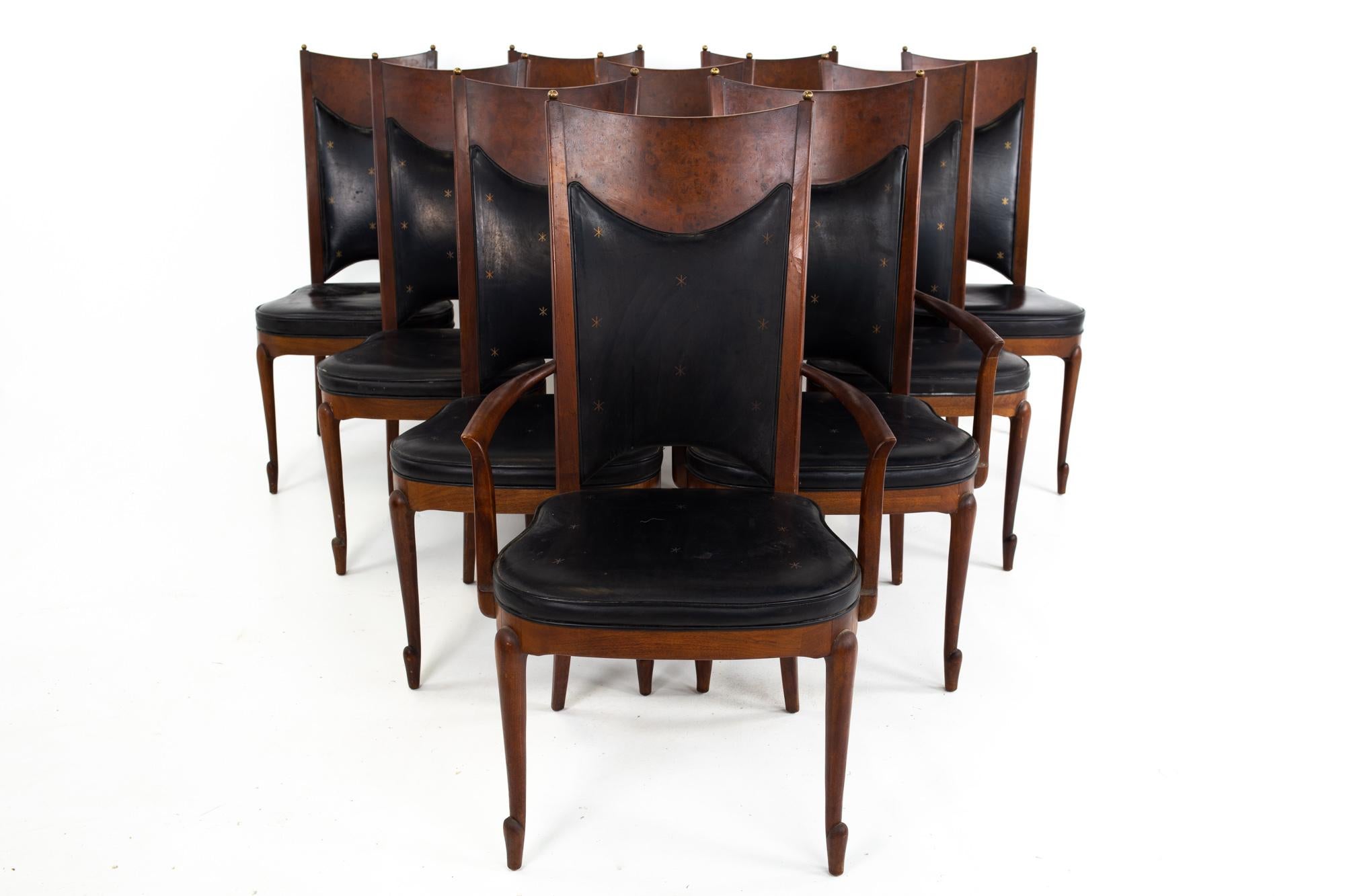 Mastercraft Mid Century walnut and burl wood dining chairs, set of 10
Each chair measures: 22.5 wide x 21.75 deep x 41 high, with a seat height 17.5 inches 

This set is available in what we call restored vintage condition. Upon purchase it is