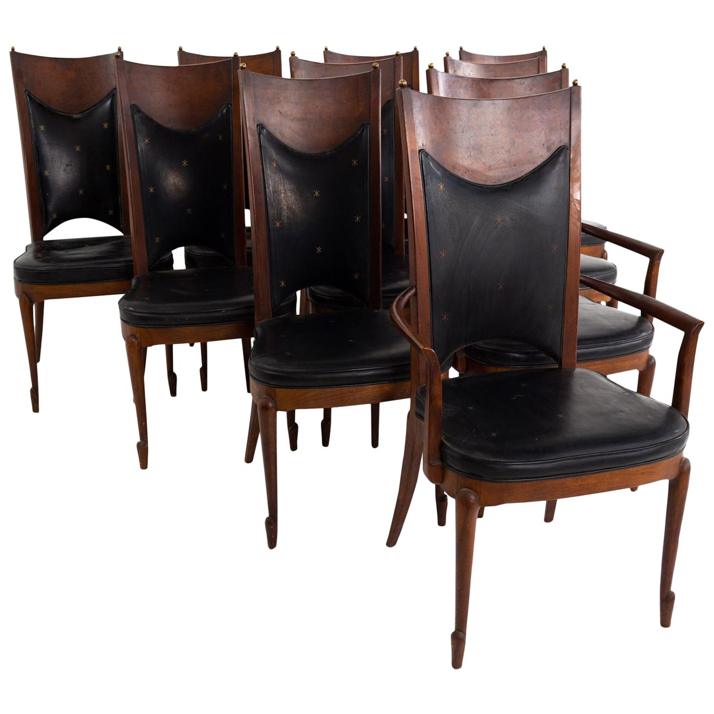 Mastercraft Mid Century Walnut and Burl Wood Dining Chairs, Set of 10