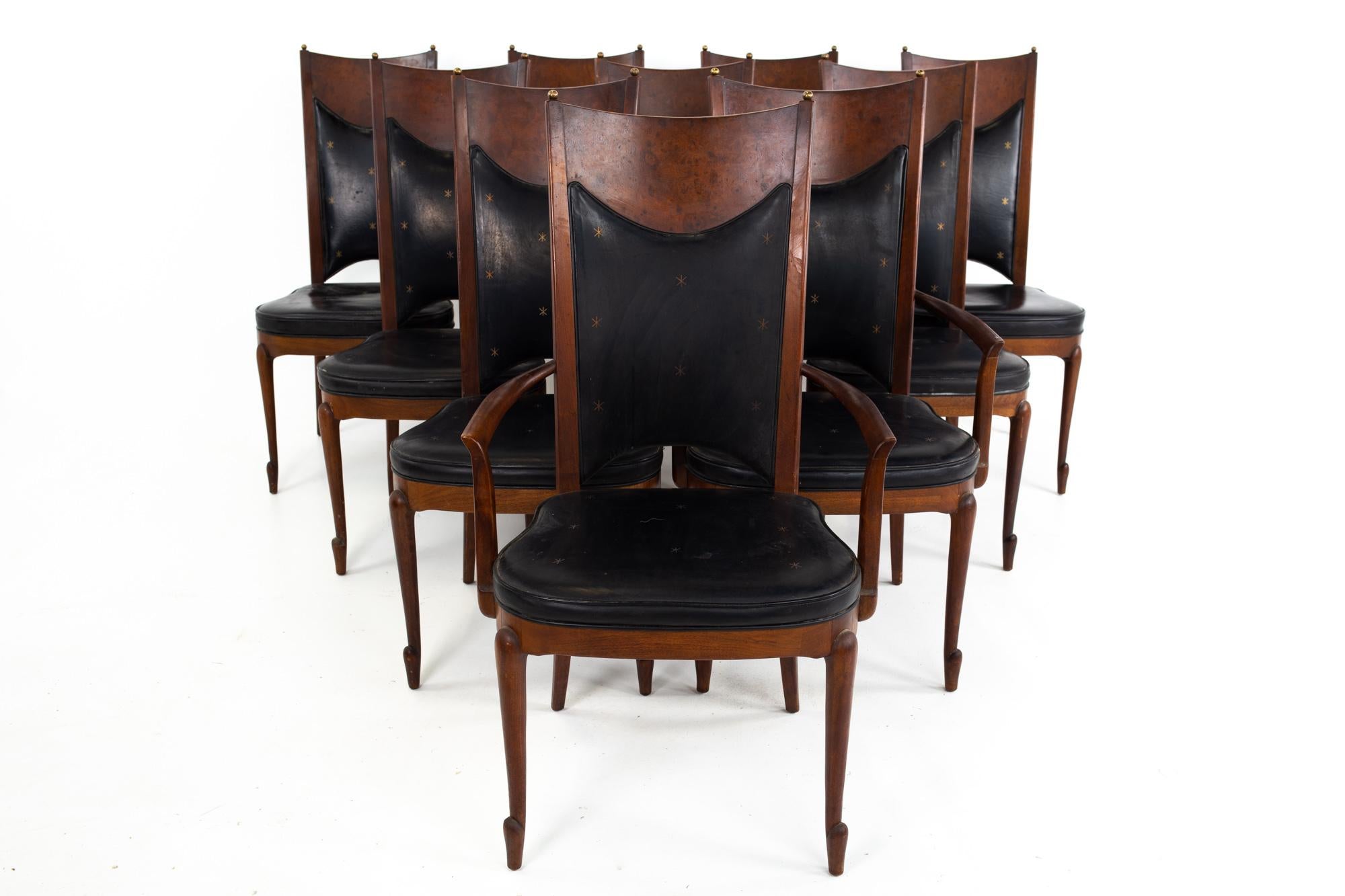 Mastercraft Mid Century walnut and burl wood dining chairs - set of 10
Each chair measures: 22.5 wide x 21.75 deep x 41 high, with a seat height 17.5 inches 

This set is available in what we call restored vintage condition. Upon purchase it is