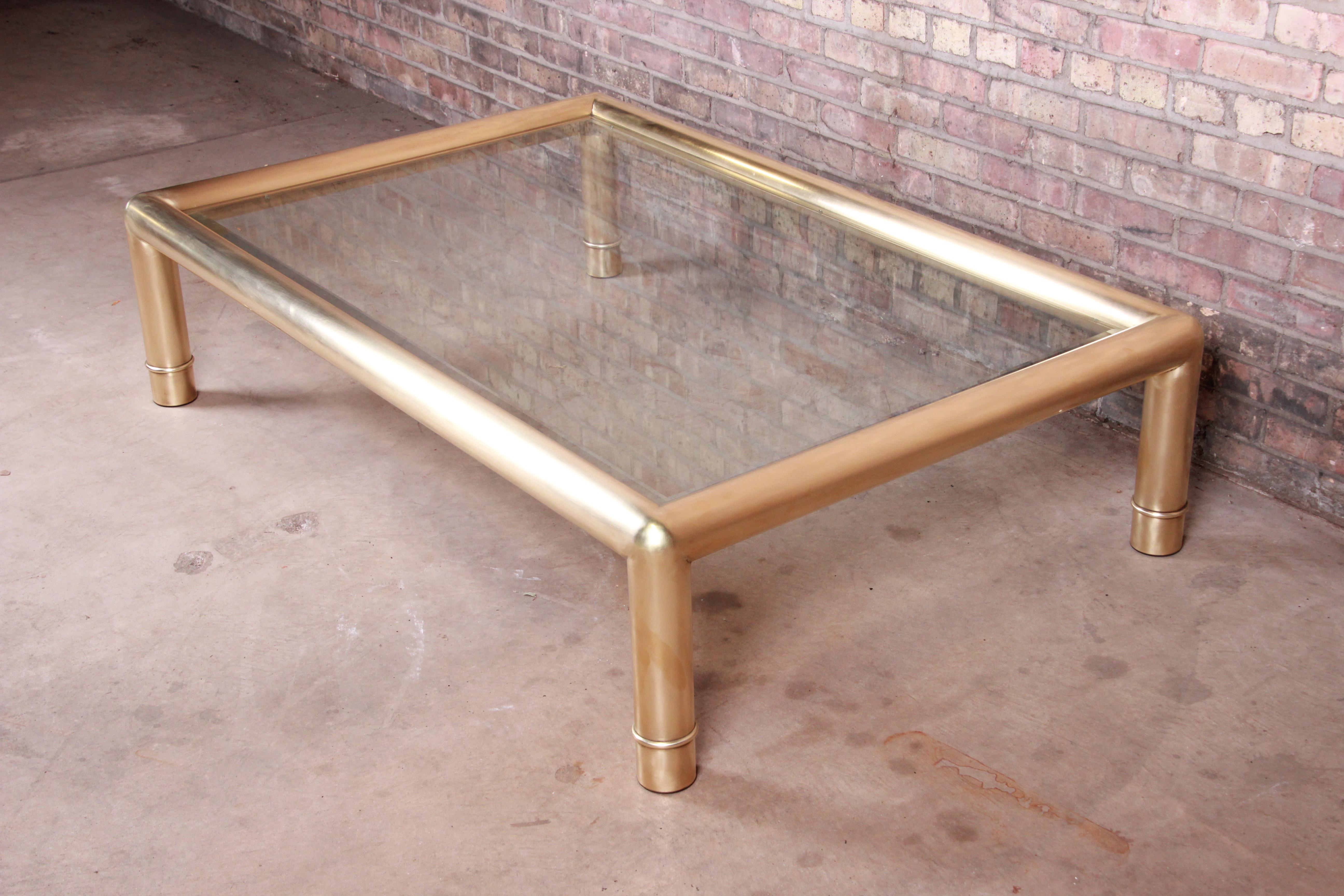 Beveled Mastercraft Monumental Hollywood Regency Brass and Glass Cocktail Table