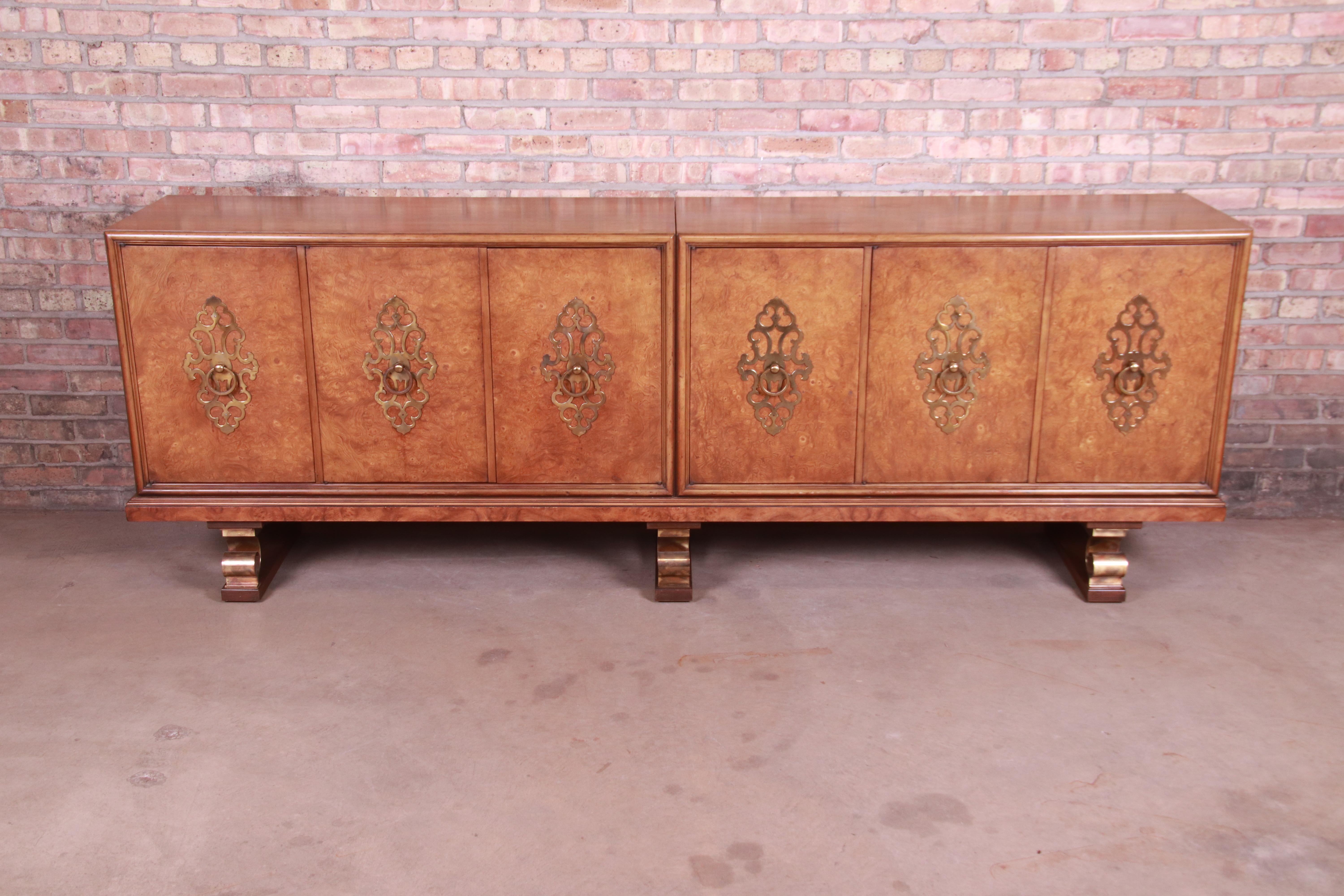 American Mastercraft Monumental Midcentury Hollywood Regency Burl and Brass Sideboard For Sale