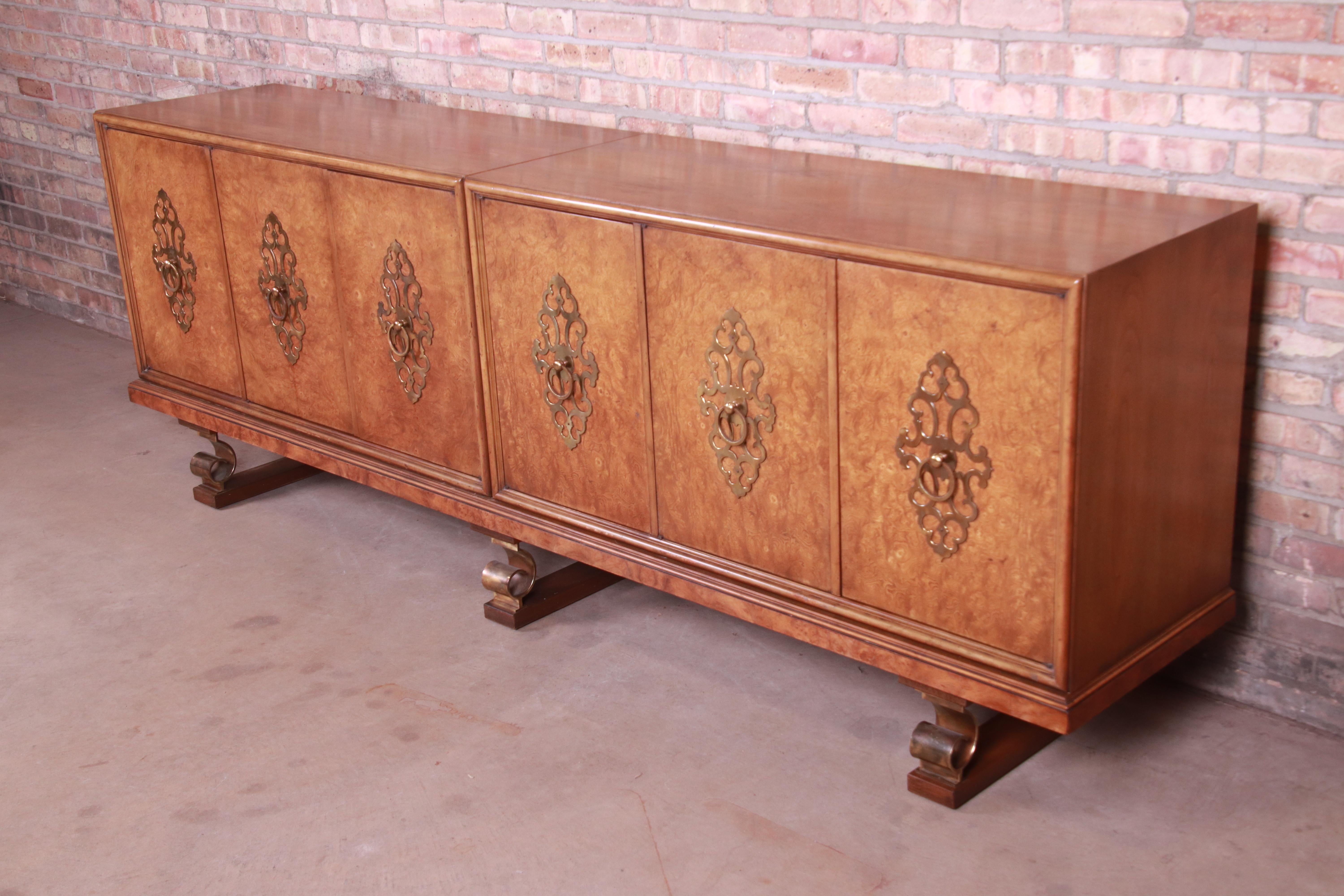 Mastercraft Monumental Midcentury Hollywood Regency Burl and Brass Sideboard In Good Condition For Sale In South Bend, IN