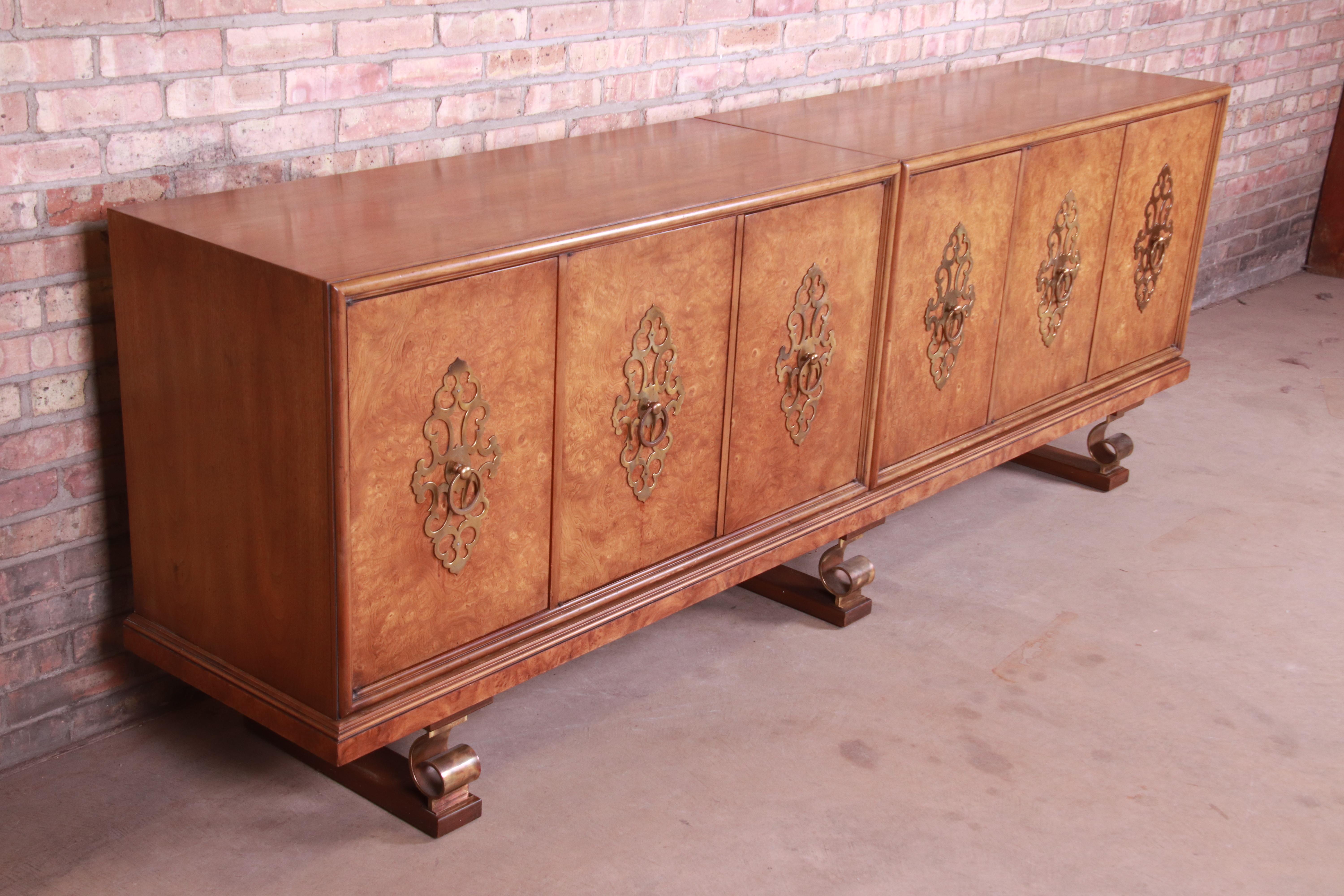 20th Century Mastercraft Monumental Midcentury Hollywood Regency Burl and Brass Sideboard For Sale