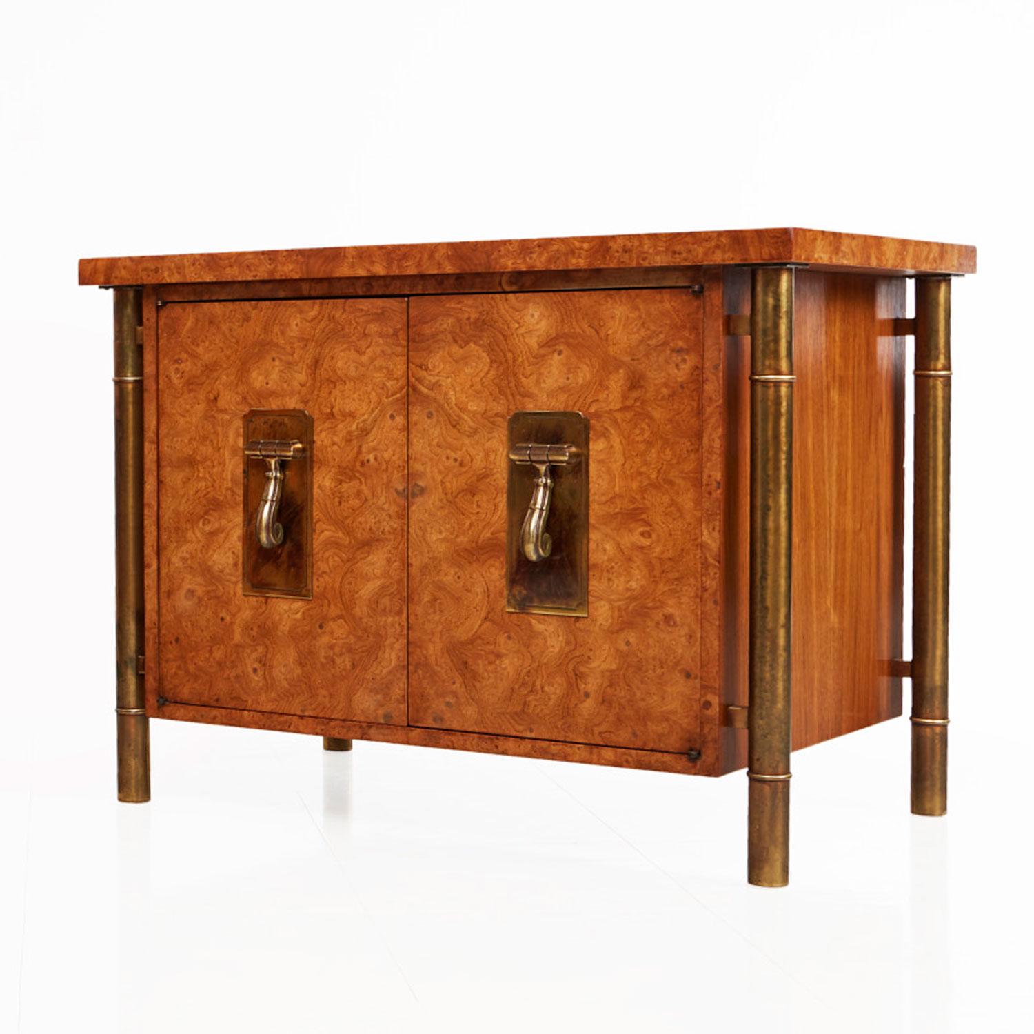 Mid-Century Modern Pair of Mastercraft Nightstand End Tables Hollywood Regency Burl Wood and Brass