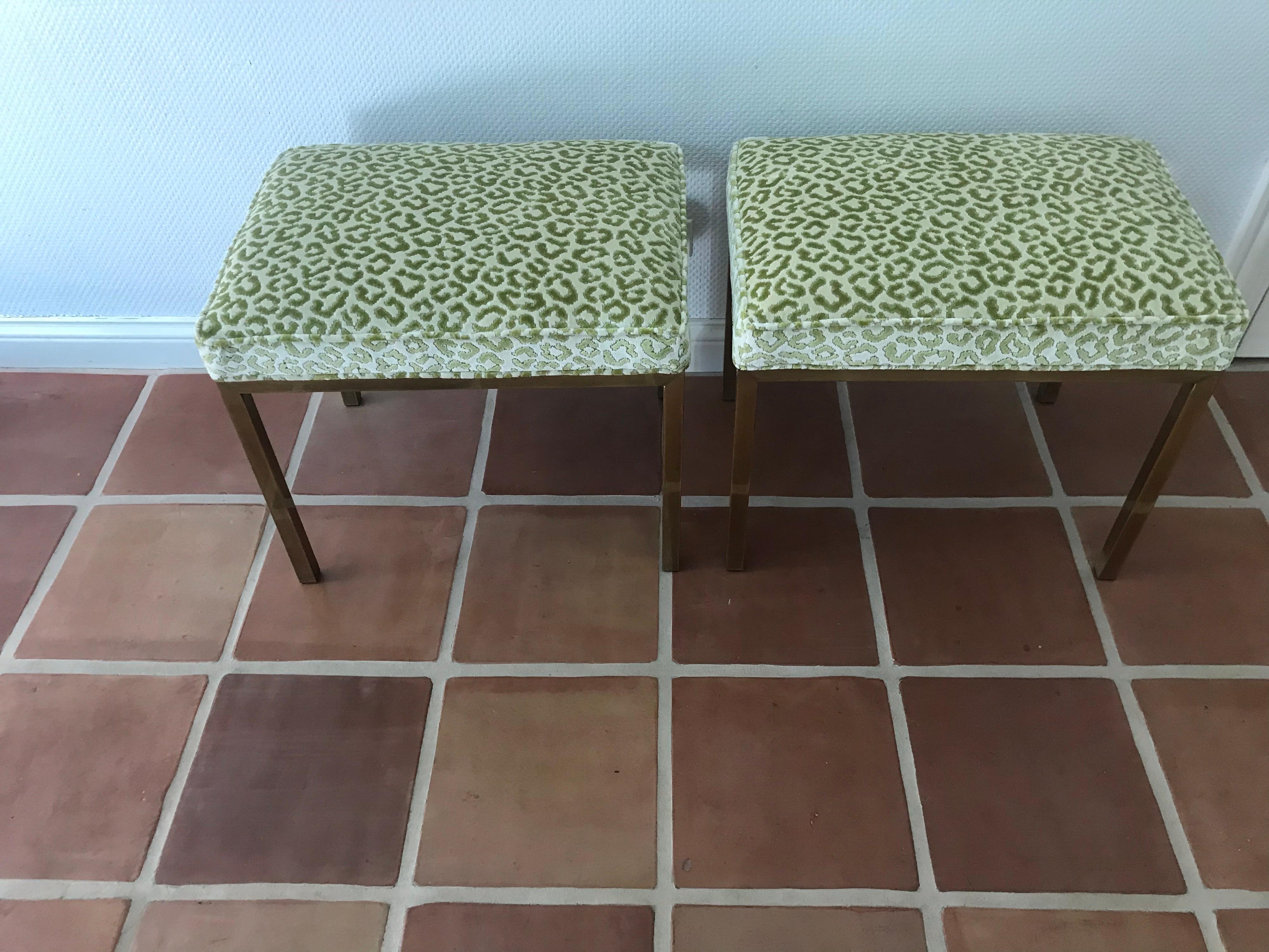 These are a pair of straight lined brass upholstered benches by mastercraft They fit under the brass and glass console but could be used separately 
The designer velvet animal print is new.