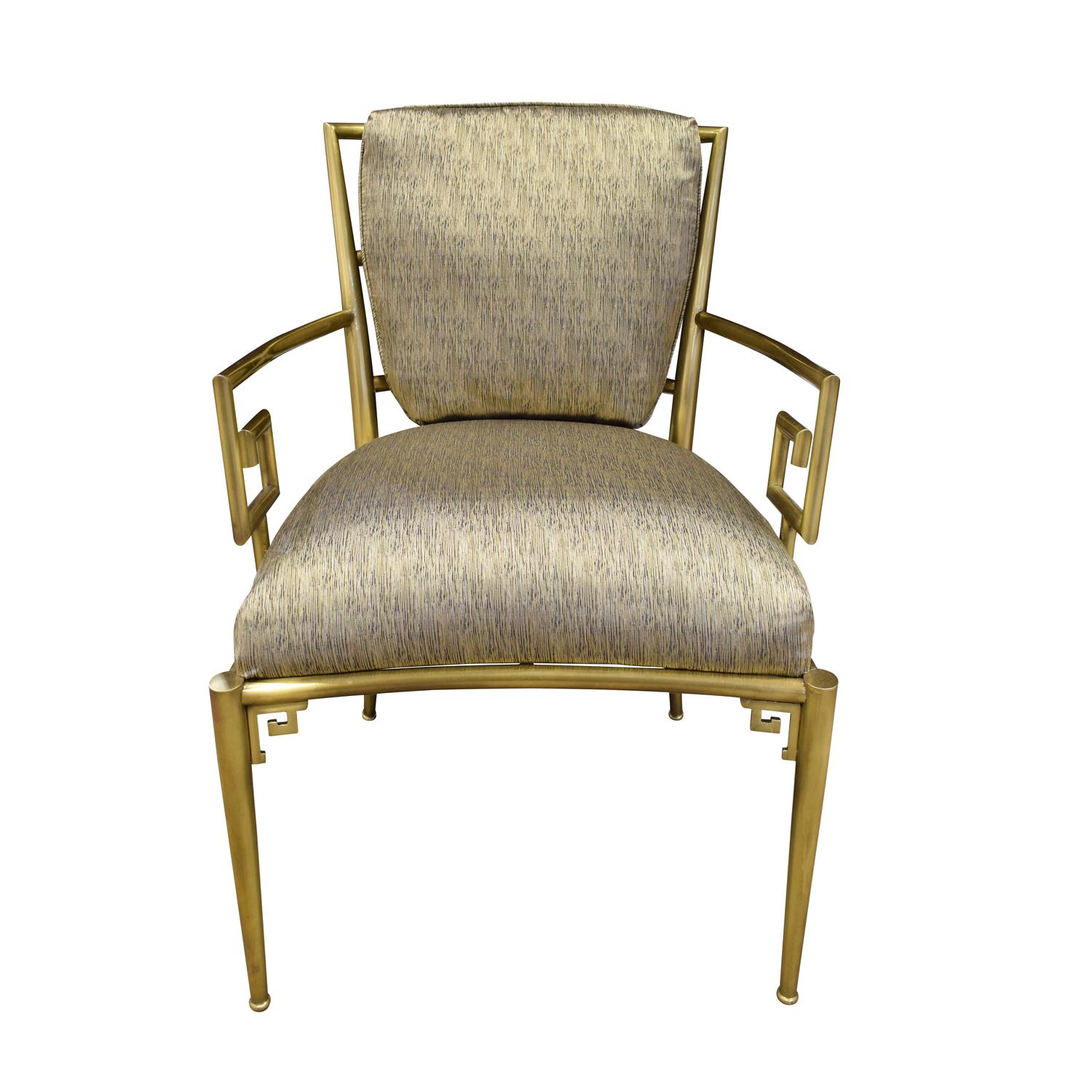 Pair of Greek Key lounge chairs in brass with upholstered seats and backs by Mastercraft, American 1960s. These chairs are beautifully crafted.