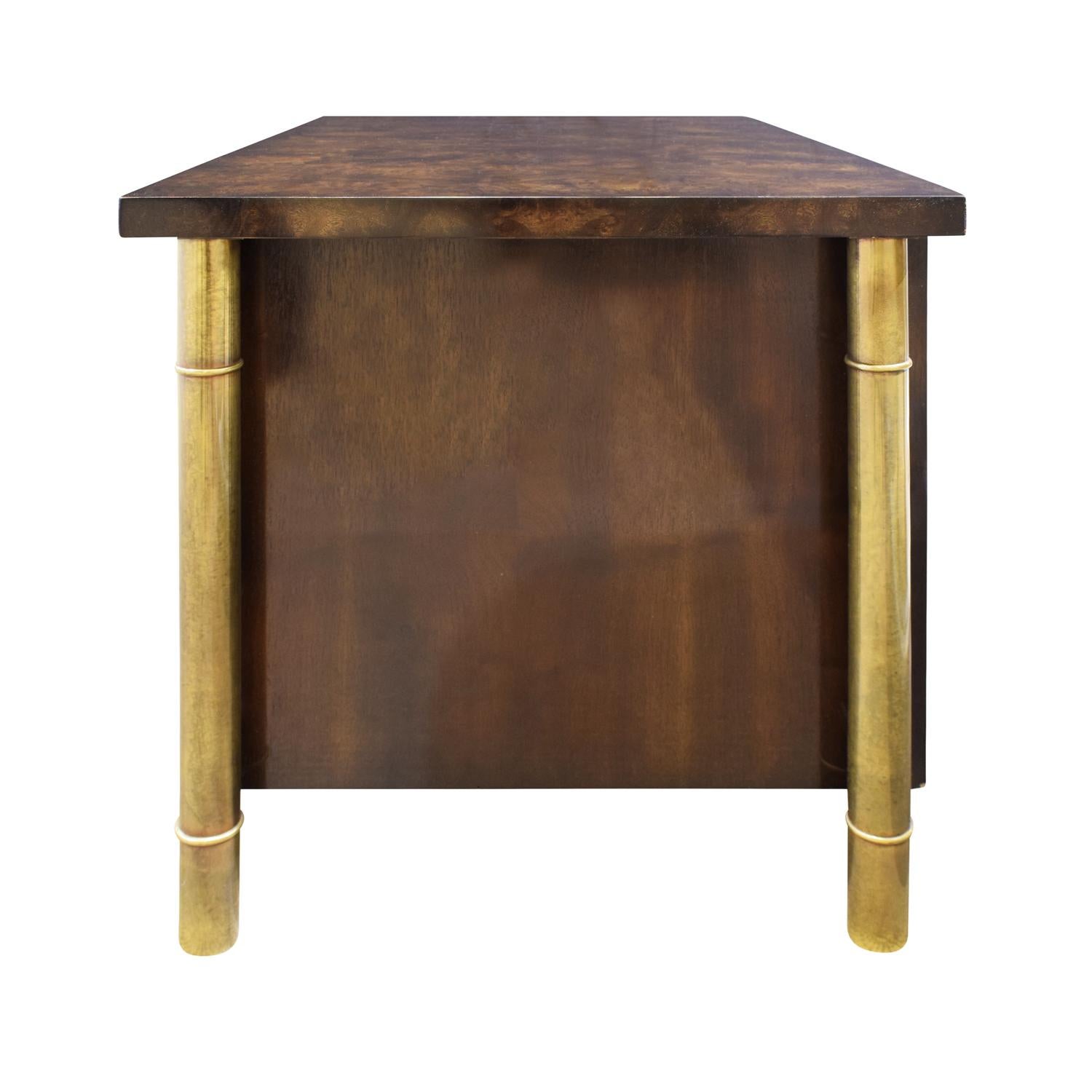 American Mastercraft Pair of Luxurious Bedside Tables in Carpathian Elm and Brass, 1960s