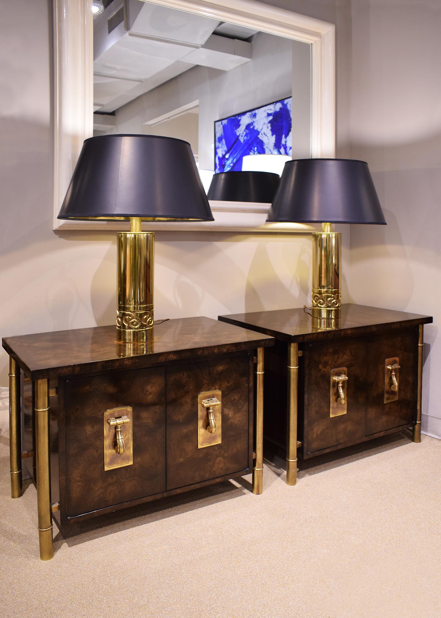 Mastercraft Pair of Luxurious Bedside Tables in Carpathian Elm and Brass, 1960s 1