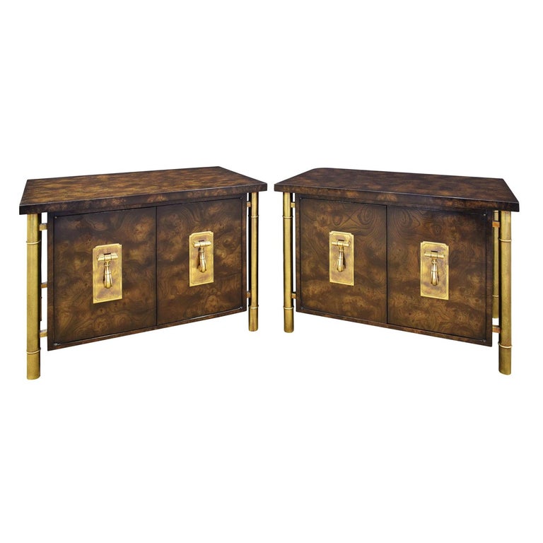 William Doezema for Mastercraft pair of Carpathian elm and brass bedside tables, 1960s, offered by Lobel Modern, Inc. 