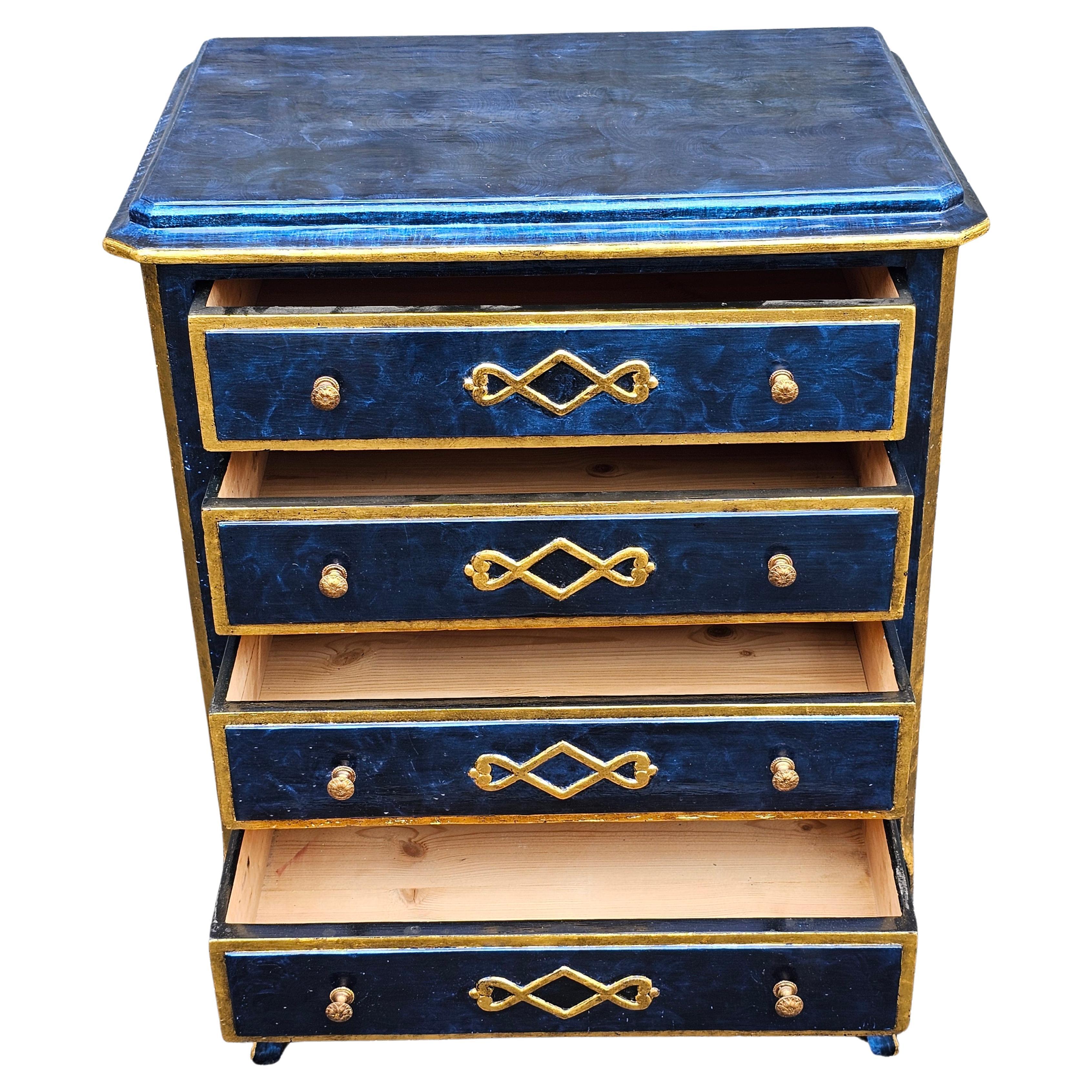 A 20th century all solid pine partial Gilt and hand painted and decorated side chest of drawer by Mastercarft unfinished furniture. Paint artist unknown. Finished throughout. Finished back make it usable in the middle of a room. Washable paint.