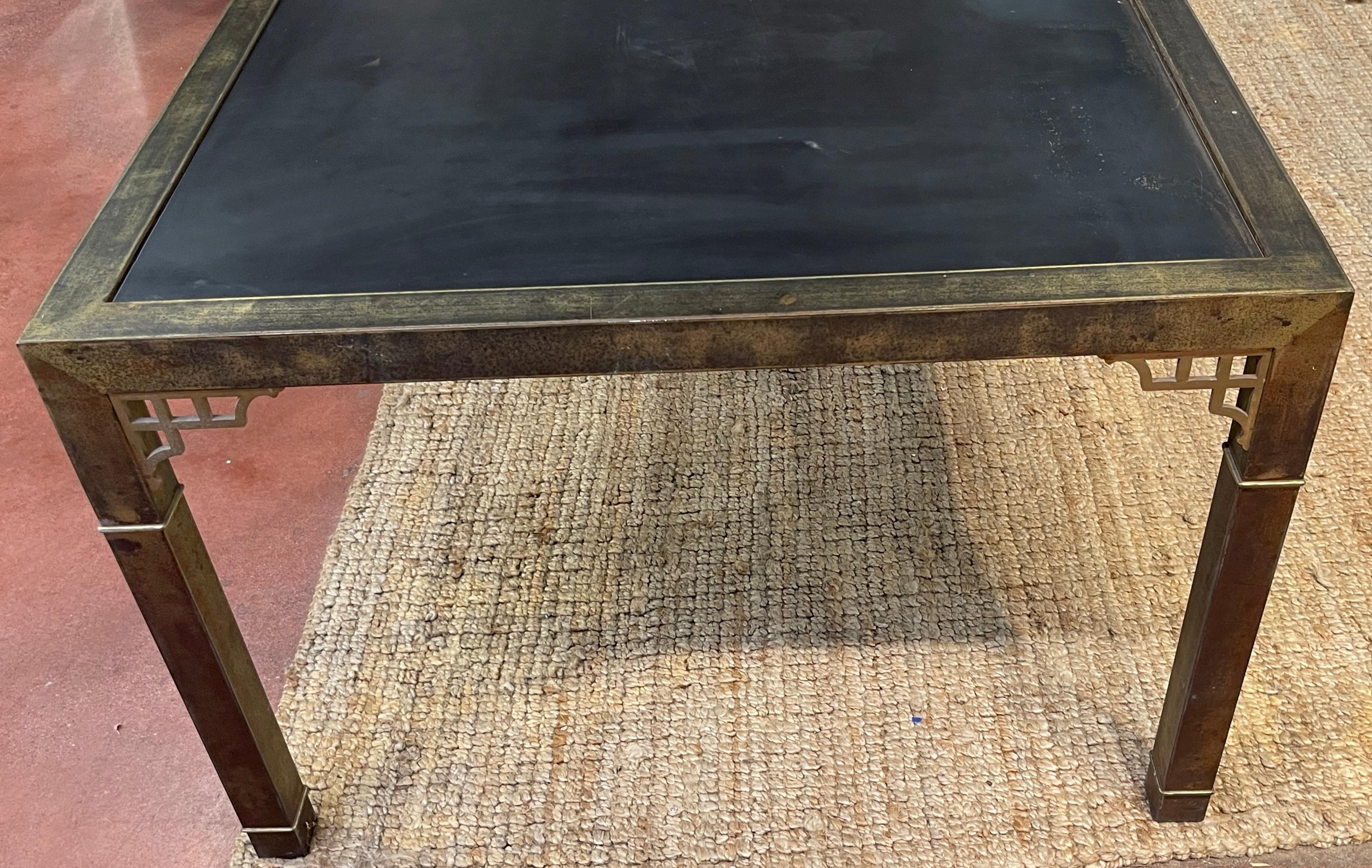 Mastercraft Patinated Brass & Steel Greek Key Dining Room Table  In Good Condition For Sale In West Palm Beach, FL