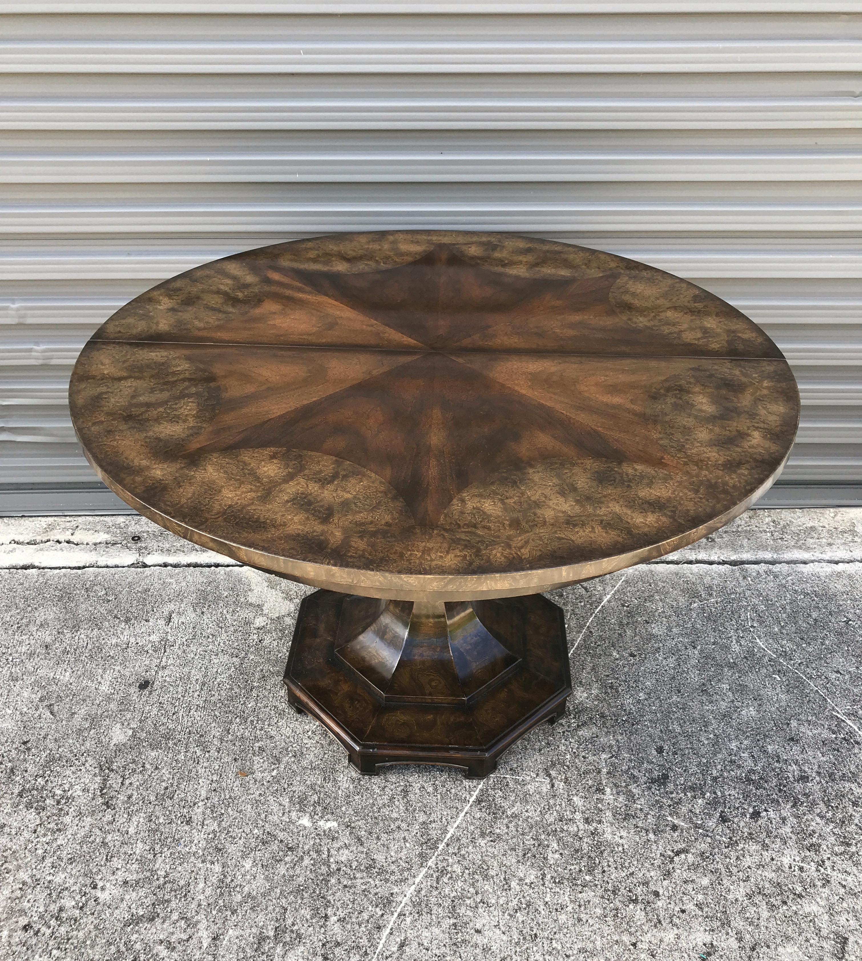 Mastercraft amboyna wood pedestal ‘extension’ dining room table
Measures: 45