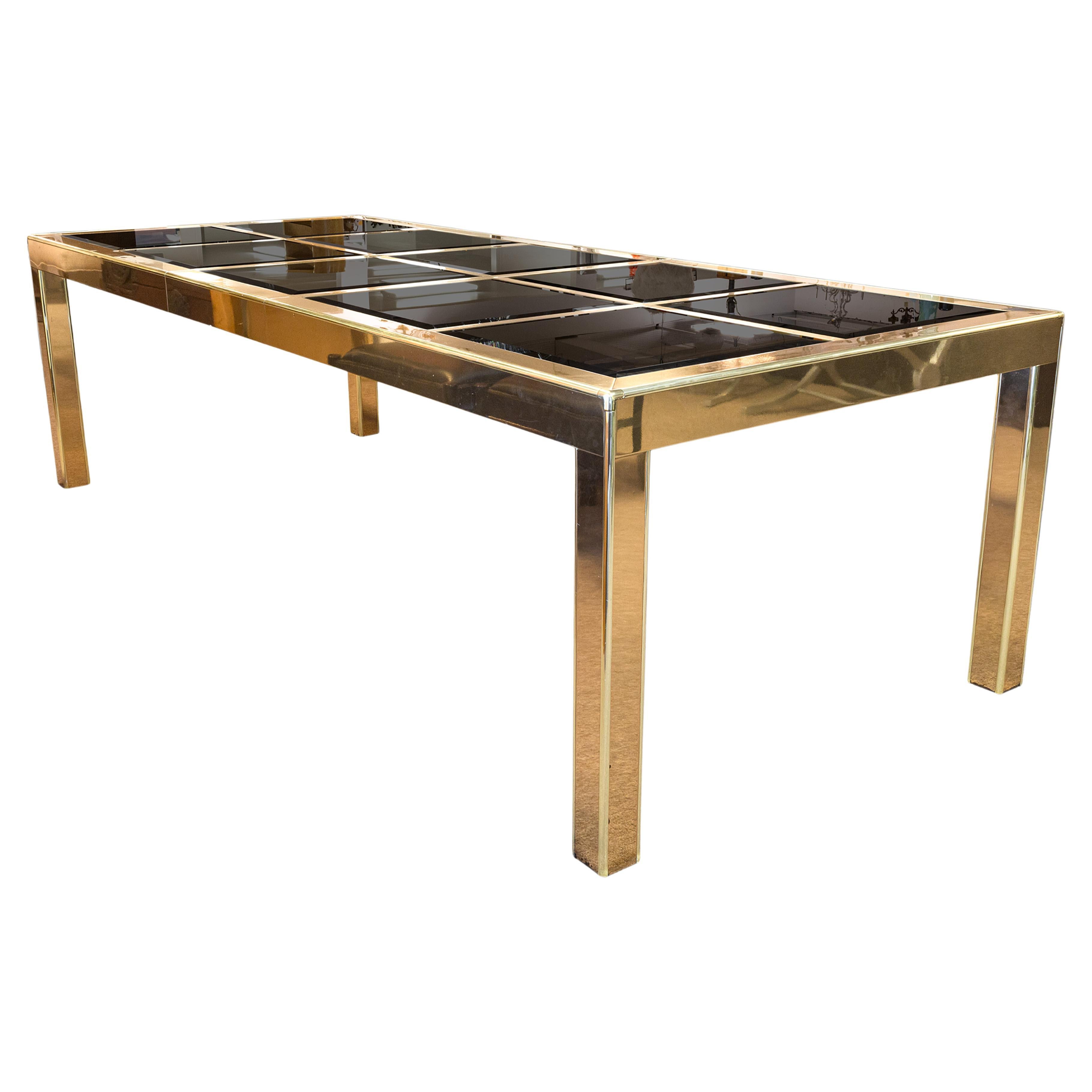 Mastercraft Polished Brass and Smoked Glass Vintage Mod Expandable Dining Table
