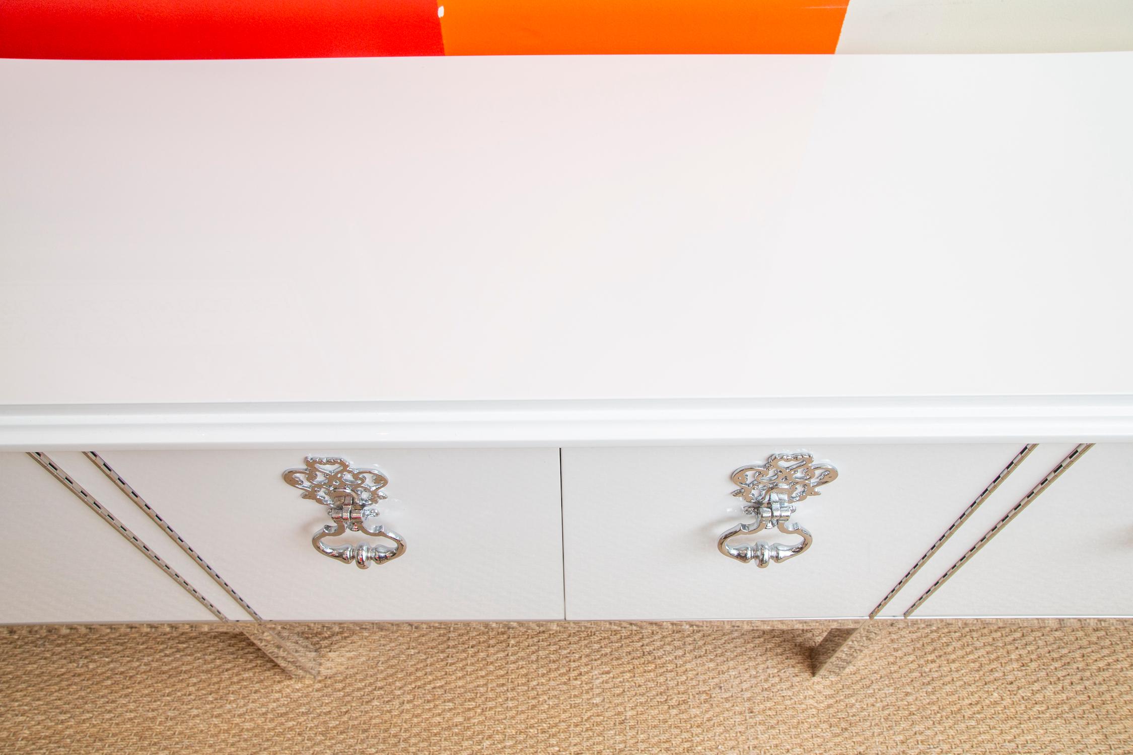 Mastercraft Restored White Lacquered Wood & Chrome Plated Bronze Cabinet Buffet For Sale 12